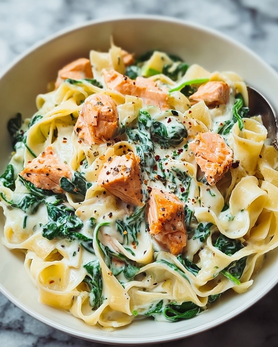A white bowl filled with creamy pasta layers of yellowish flat noodles mixed with green spinach leaves, all covered in a smooth white sauce. On top are chunks of cooked salmon with a light orange color and slightly browned edges. The dish is sprinkled with small black pepper flakes, giving a bit of texture contrast. The background is a white marbled surface. photo taken with an iphone --ar 4:5 --v 7