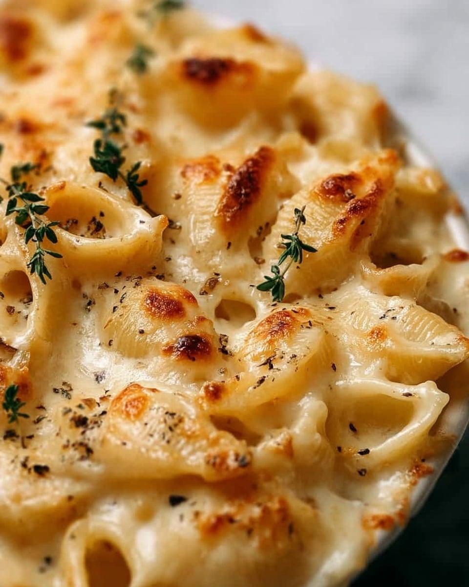 The image shows a close-up of creamy baked pasta with large shell-shaped noodles covered in a thick layer of melted white cheese sauce. The cheese is lightly browned in some spots, adding a golden tint and texture on top. Small green herb leaves and black pepper flakes are scattered on the cheese, giving a fresh look with a touch of color contrast. The dish sits on a white marbled surface. photo taken with an iphone --ar 4:5 --v 7