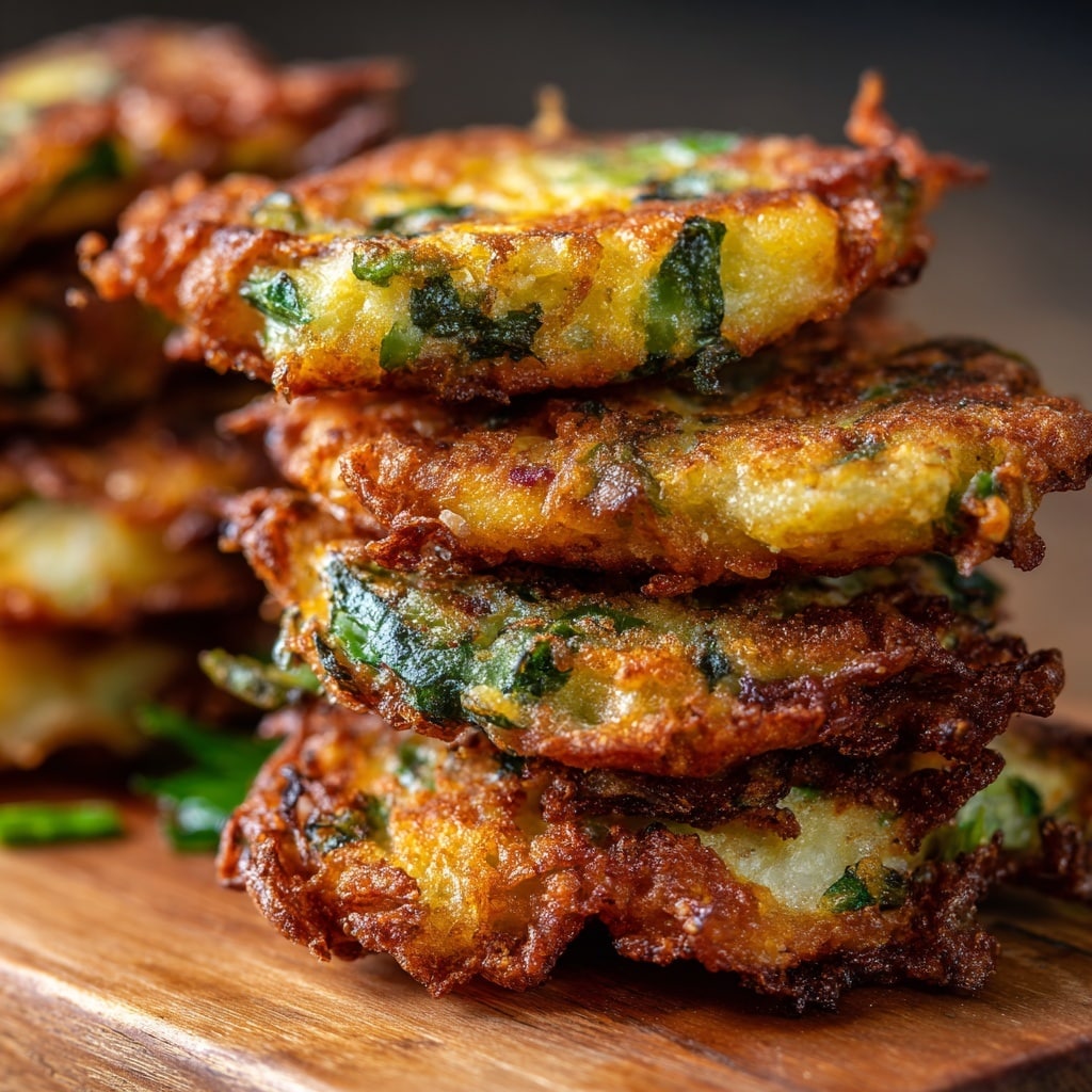 A close-up image of a stack of golden brown fritters placed on a wooden surface, each fritter showing a crispy, uneven texture with bits of green herbs and vegetables visible throughout. The layers of fritters are unevenly stacked, some leaning on others, highlighting their thick, fried edges with a mix of dark brown and light golden hues. The surface around is a white marbled texture. photo taken with an iphone --ar 4:5 --v 7