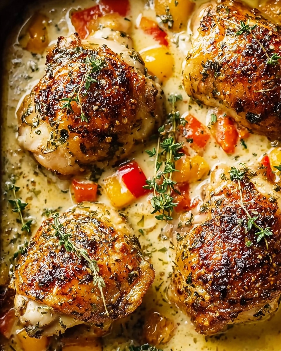 The dish shows four golden-brown cooked chicken thighs in a white baking pan, each piece with a slightly crispy, browned top and specks of black pepper and herbs. The chicken sits in a creamy, light yellow sauce with melted butter texture, dotted with small red and yellow pieces that look like chopped peppers or tomatoes. Tiny green herb sprigs are scattered on and around the chicken, adding a fresh look. The edges of the pan reveal slightly darkened spots from cooking. The photo is set on a white marbled surface, giving a clean background. photo taken with an iphone --ar 4:5 --v 7
