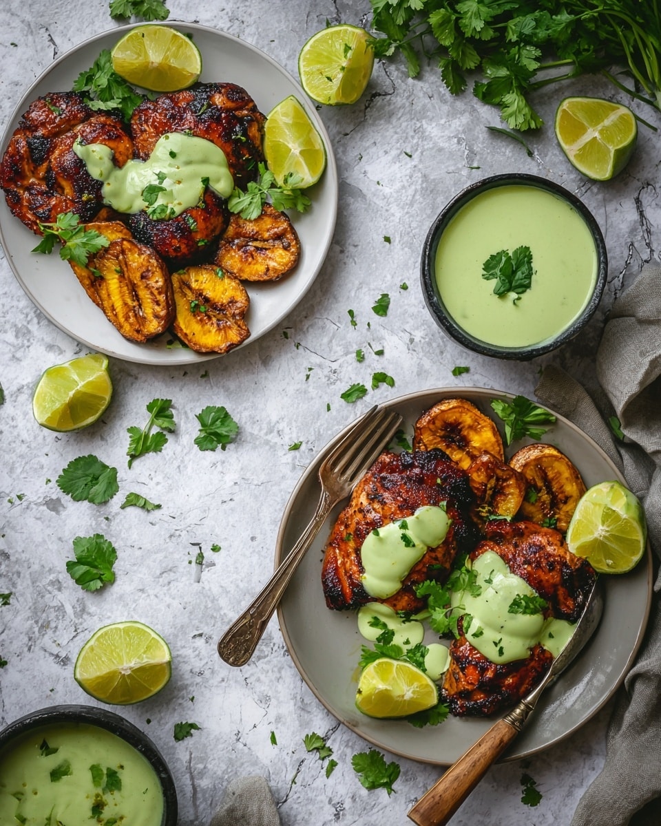 The image shows two white plates on a white marbled surface, each with grilled chicken pieces that are dark golden brown with crispy edges, drizzled with a light green creamy sauce. The smaller plate has two chicken pieces topped with sauce, a few roasted plantain slices to the right side, and lime wedges on the left with fresh green cilantro scattered on top. A vintage fork with a wooden handle rests on the right side. The larger plate has six chicken pieces with sauce, a small black bowl of green sauce garnished with a cilantro leaf, several lime slices and wedges placed around, roasted plantains on the right side, and extra fresh cilantro sprigs decorating the plate. The whole setup looks rustic on the white marbled background. Photo taken with an iphone --ar 4:5 --v 7
