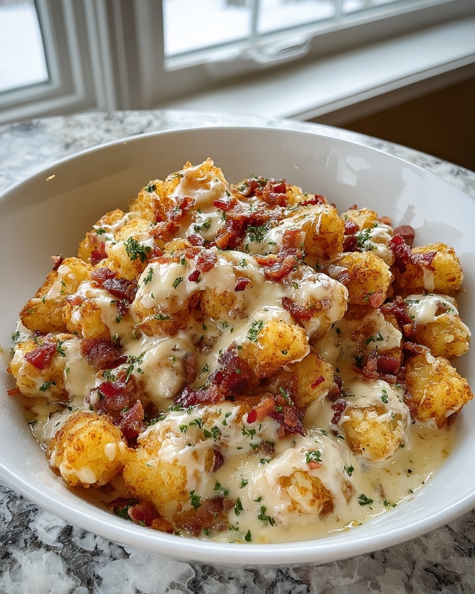 A white bowl filled with multiple golden brown tater tots that have a crispy texture on the outside, coated in a creamy, cheesy sauce that has bits of crispy bacon and finely chopped green herbs sprinkled evenly throughout; the sauce pools slightly in the bottom and clings to the tots, making the dish look rich and savory, all placed on a white marbled surface in soft natural light. photo taken with an iphone --ar 4:5 --v 7