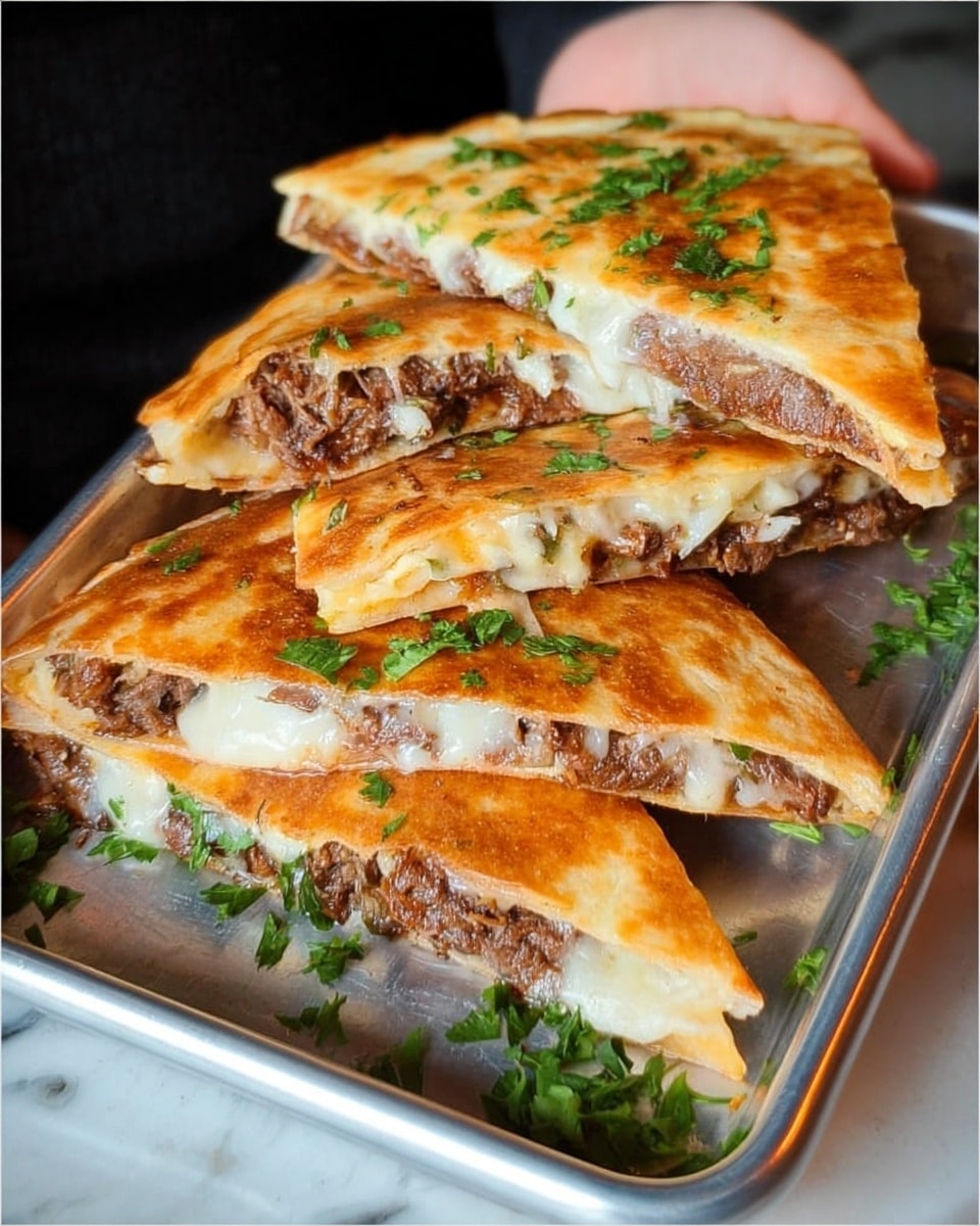 A metal tray holds five triangular quesadilla slices stacked in two rows on a white marbled surface, each slice showing two layers: a crispy golden brown outer tortilla with a slightly shiny texture, and inside a thick layer of melted white cheese that is smooth and gooey, overlapping a layer of shredded dark brown meat mixed with small pieces of translucent diced onion. Fresh green cilantro leaves are sprinkled on top and scattered around the tray, adding a pop of color. The tray's edge is visible, with the quesadillas arranged to show the filling clearly. Photo taken with an iphone --ar 4:5 --v 7