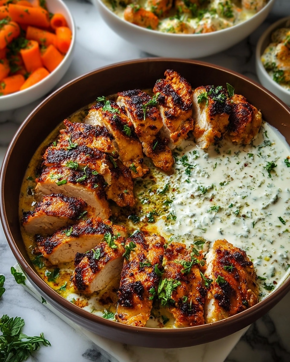 A large brown bowl contains grilled chicken pieces with a golden-brown crispy outside and tender white inside, arranged in two rows covering most of the bowl. The chicken is sprinkled with fresh green herbs. On one side of the bowl, there is a creamy white sauce mixed with small green herb bits, creating a textured look. In the background, there are two white bowls—one filled with a dish of sliced orange carrots topped with herbs and a second bowl holding a creamy mixture with green specks. The setting rests on a white marbled surface with some green herbs scattered softly in the background. photo taken with an iphone --ar 4:5 --v 7