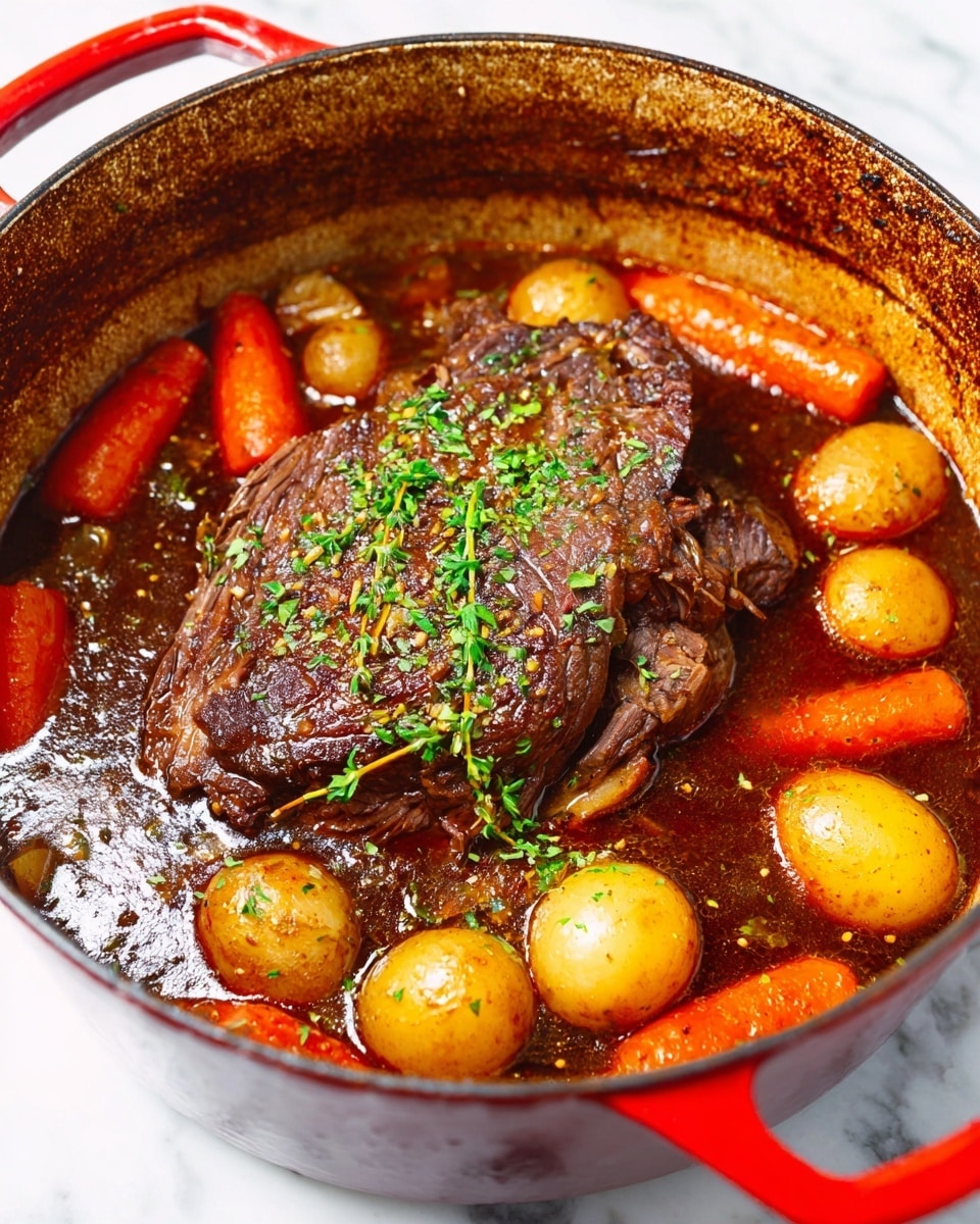 A close-up view of a red cooking pot filled with a slow-cooked beef dish, showing a large piece of brown, tender, shredded meat at the center. Surrounding the meat are whole golden baby potatoes and whole orange carrots, all partially submerged in a rich, dark reddish-brown broth with a shiny, oily surface. Chopped green herbs are sprinkled on top of the meat and vegetables, adding a fresh contrast. The inside of the pot edges is browned and stained from cooking. The pot is set on a white marbled surface. photo taken with an iphone --ar 4:5 --v 7