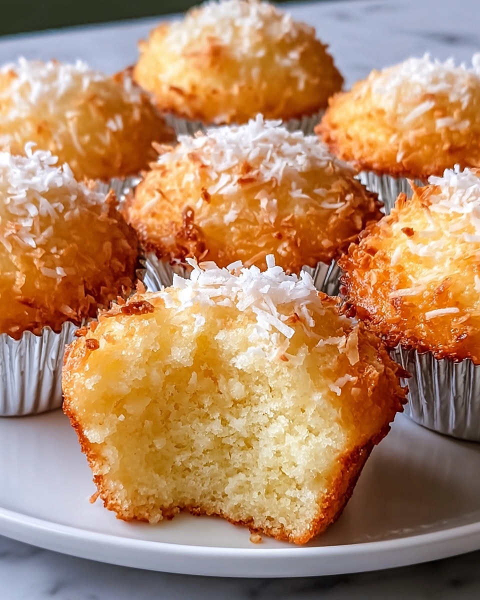 A white plate holds seven small coconut muffins arranged closely together. Each muffin has a golden brown, slightly crispy top covered with white shredded coconut, adding a textured crust. The muffin in the front is split open, revealing a soft, light yellow, and crumbly inside with a moist texture. The muffins' sides show a darker golden brown edge, indicating they are well baked. The plate sits on a white marbled surface. Photo taken with an iphone --ar 4:5 --v 7