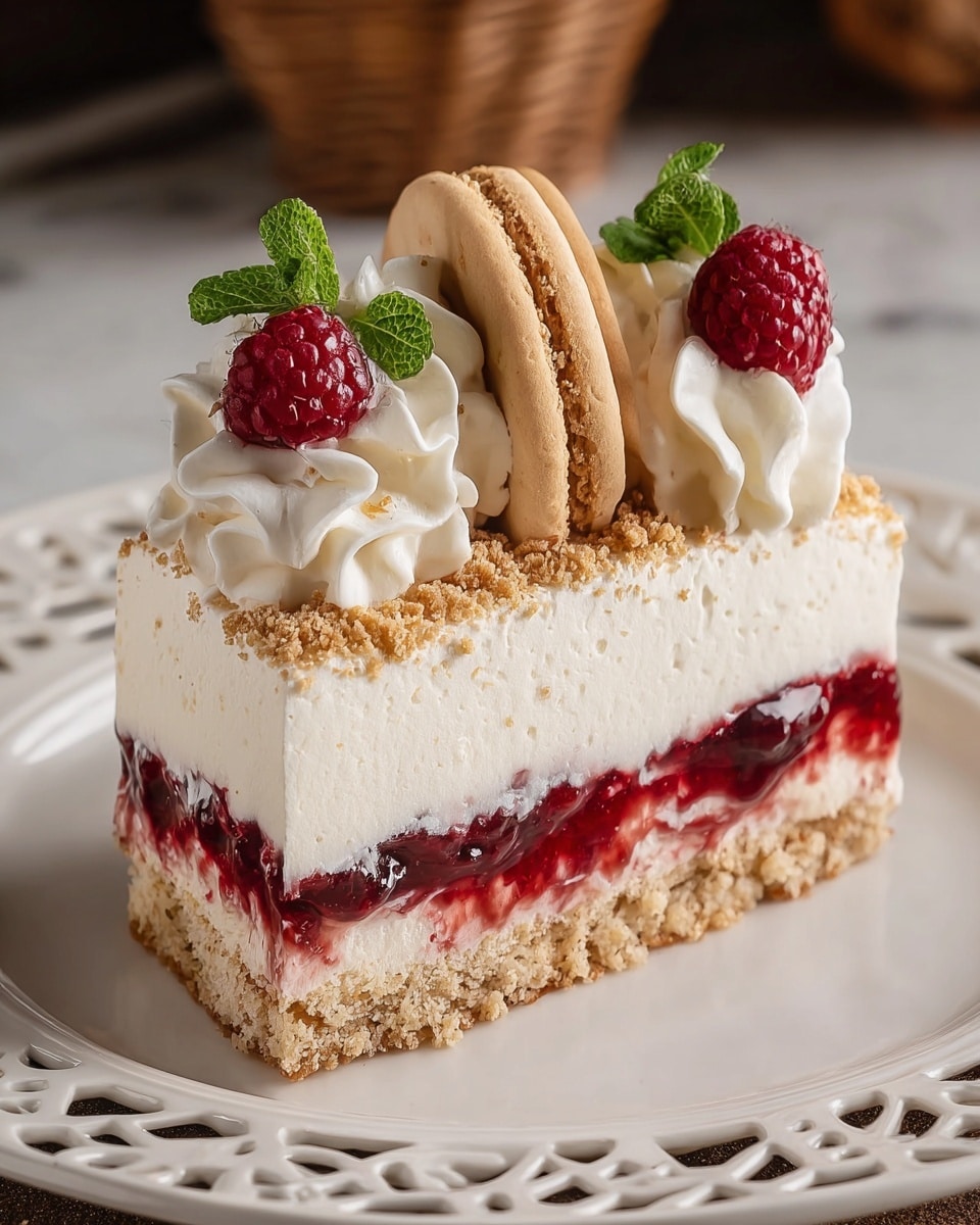 A slice of dessert with three main layers is shown on a white plate with a delicate cut-out rim design. The bottom layer is a crumbly light brown cake base. Above it is a thin layer of red fruit jam that looks slightly glossy and sticky. The top layer is thick and creamy with a pale off-white color, slightly textured on the surface. The top of the dessert is sprinkled with fine brown crumbs and decorated with three white whipped cream peaks, each topped with a fresh raspberry and a small green mint leaf. Two beige cookies are placed vertically behind the middle whipped cream. The scene is set on a white marbled texture surface. photo taken with an iphone --ar 4:5 --v 7