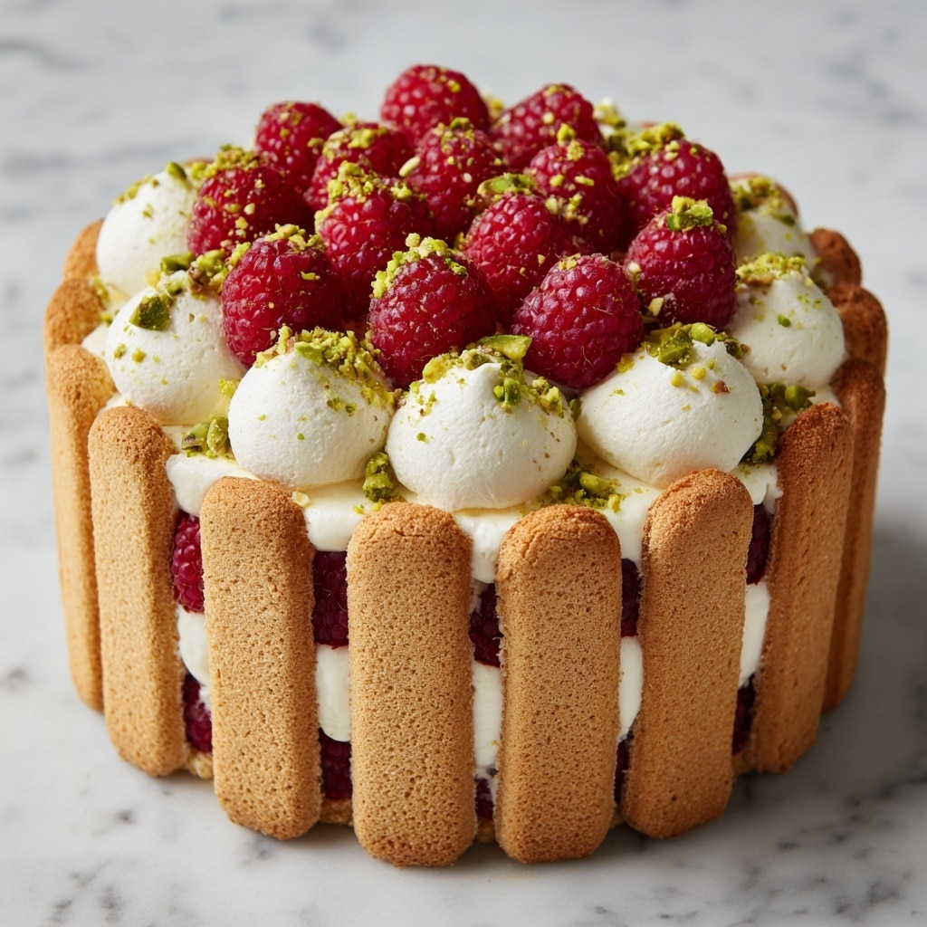 A round cake with vertical ladyfinger biscuits lined up around the edge, all light brown and smooth in texture. Inside, there are soft white cream layers mixed with bright red raspberries visible throughout. On top, there are whole fresh raspberries clustered closely together, surrounded by dollops of white cream. Small green chopped pistachio pieces sprinkle over the top for color contrast. The cake is placed on a white marbled surface. photo taken with an iphone --ar 4:5 --v 7