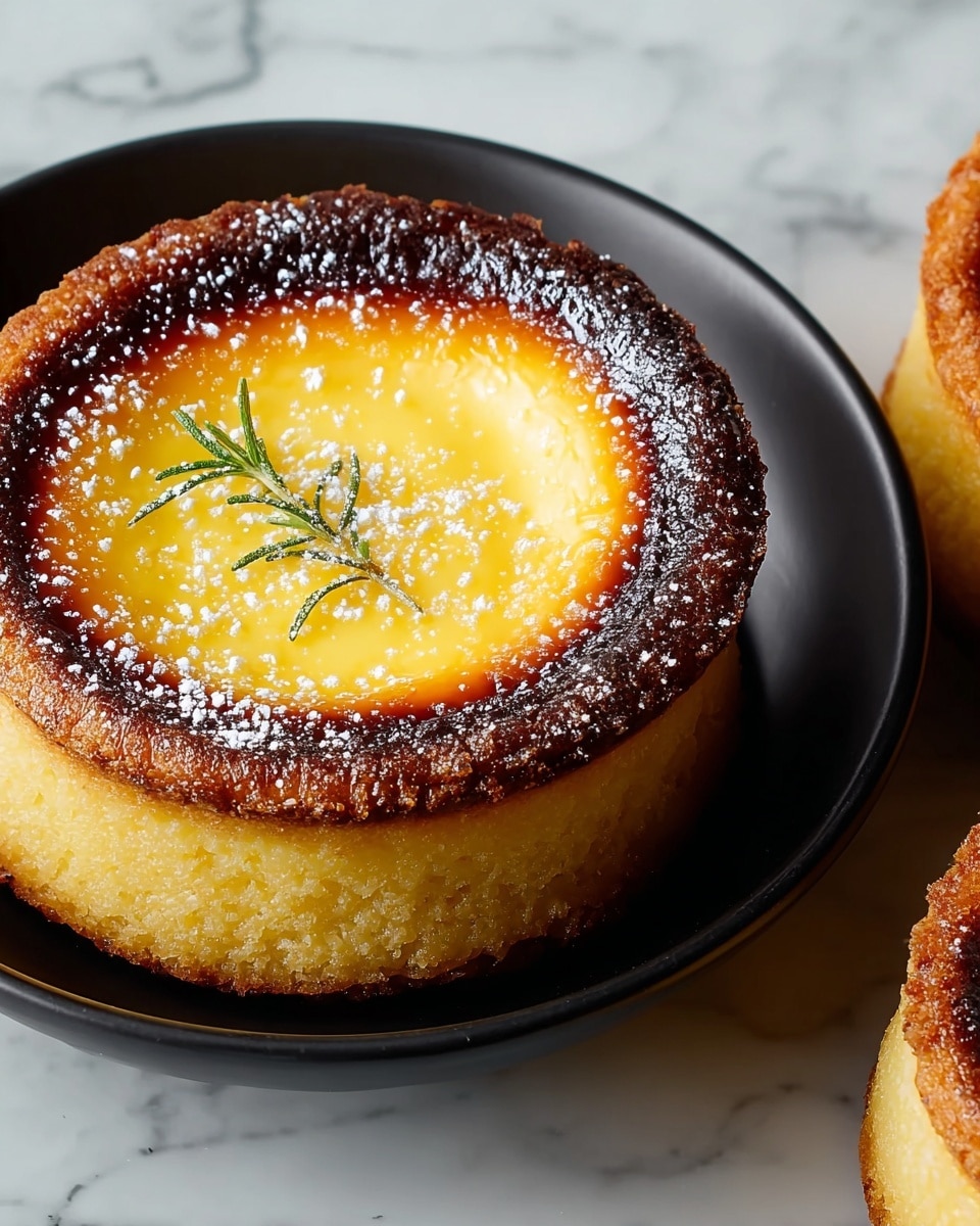 A close-up of a dessert featuring two layers in a black bowl on a white marbled surface. The bottom layer is a round, crumbly tart shell with a light golden-yellow color and slightly rough texture, showing some browning around the edges. On top sits a smaller, round custard-like layer with a smooth, shiny surface, deep golden-brown at the edges and lighter yellow in the center, sprinkled lightly with powdered sugar. A small sprig of greenery dusted with powdered sugar lies nearby on the marbled surface. Photo taken with an iphone --ar 4:5 --v 7