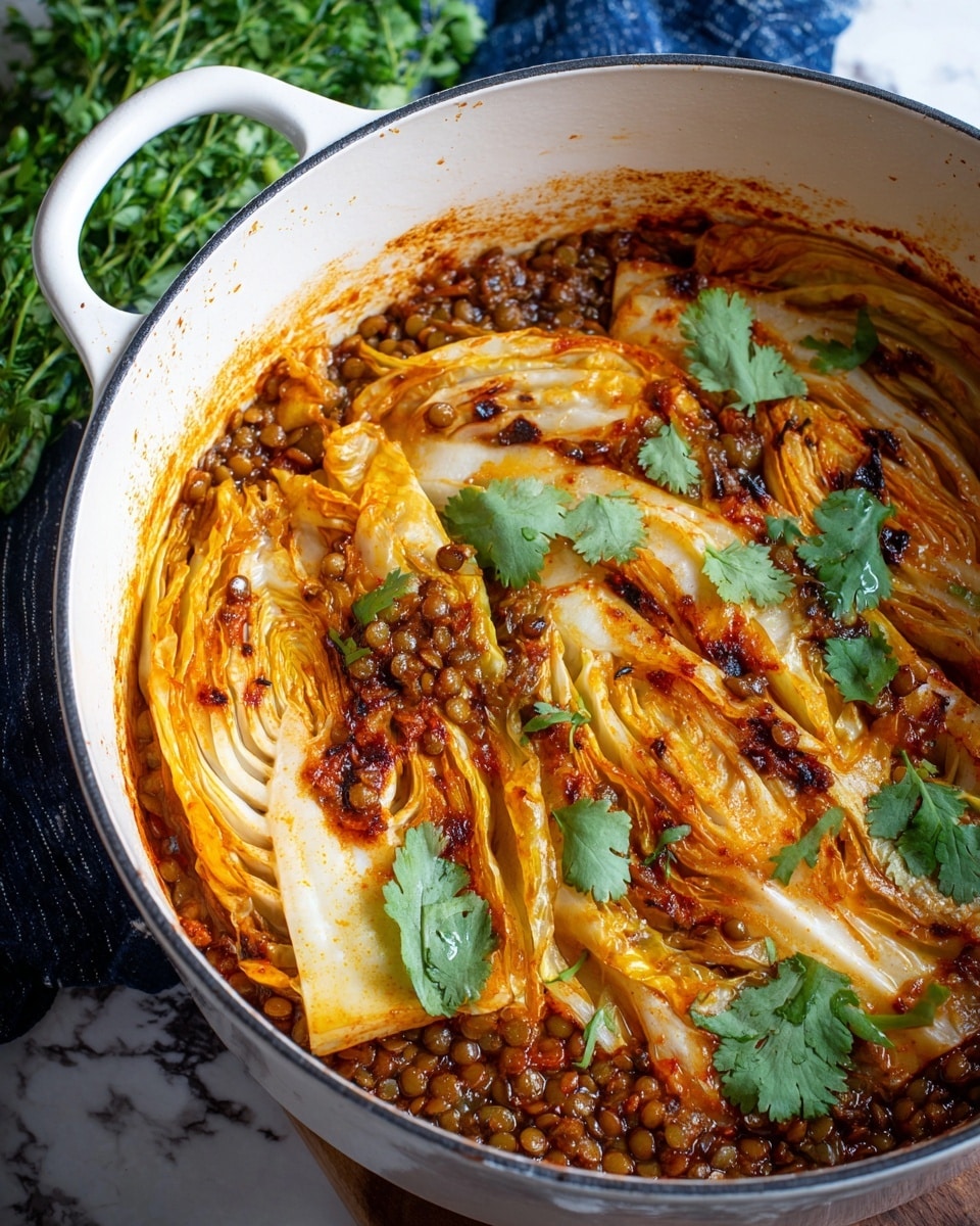 Inside a white cooking pot, there is a dish with layers of cooked napa cabbage that have a rich orange-brown color and slightly charred edges. Beneath the cabbage, there is a thick layer of dark brown lentils mixed with spices that gives a textured and saucy base. Fresh green cilantro leaves are scattered on top, adding a fresh contrast to the warm colors of the cooked cabbage and lentils. The white pot is resting on a blue cloth over a white marbled surface. Photo taken with an iphone --ar 4:5 --v 7