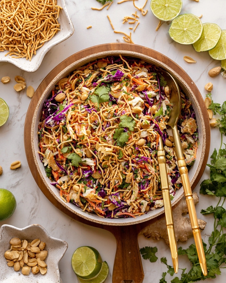 A white plate with a border of small raised dots holds a colorful layered salad. The bottom layer has chopped green cucumbers and purple cabbage pieces mixed with shredded light brown chicken. On top, thin orange carrot strips and some fresh green leaves are scattered, followed by a crunchy layer of thin, pale beige fried noodle sticks. The whole salad is drizzled with a thick reddish-brown sauce. Three bright green, glossy lime wedges with visible juicy segments rest on the salad's edge. The plate is on a brown wooden cutting board, which also has two lime wedges, and the scene is set on a white marbled surface. photo taken with an iphone --ar 4:5 --v 7