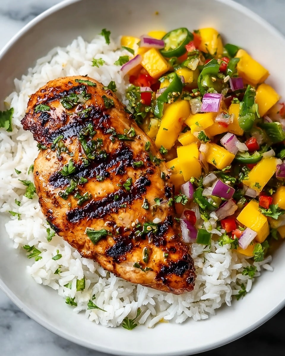 A white plate holds a neat serving of white rice as the bottom layer, scattered lightly with chopped green herbs for a fresh look. On top of the rice sits a grilled chicken breast with clear dark char marks running diagonally, its golden-brown skin glistening and dotted with black pepper and green herb pieces. Next to the chicken is a colorful mango salsa layer, composed of bright yellow mango chunks, small red and purple onion pieces, red bell pepper, and green jalapeño slices, all mixed with green cilantro, adding a fresh and juicy texture to the dish. The whole plate rests on a white marbled surface. Photo taken with an iphone --ar 4:5 --v 7
