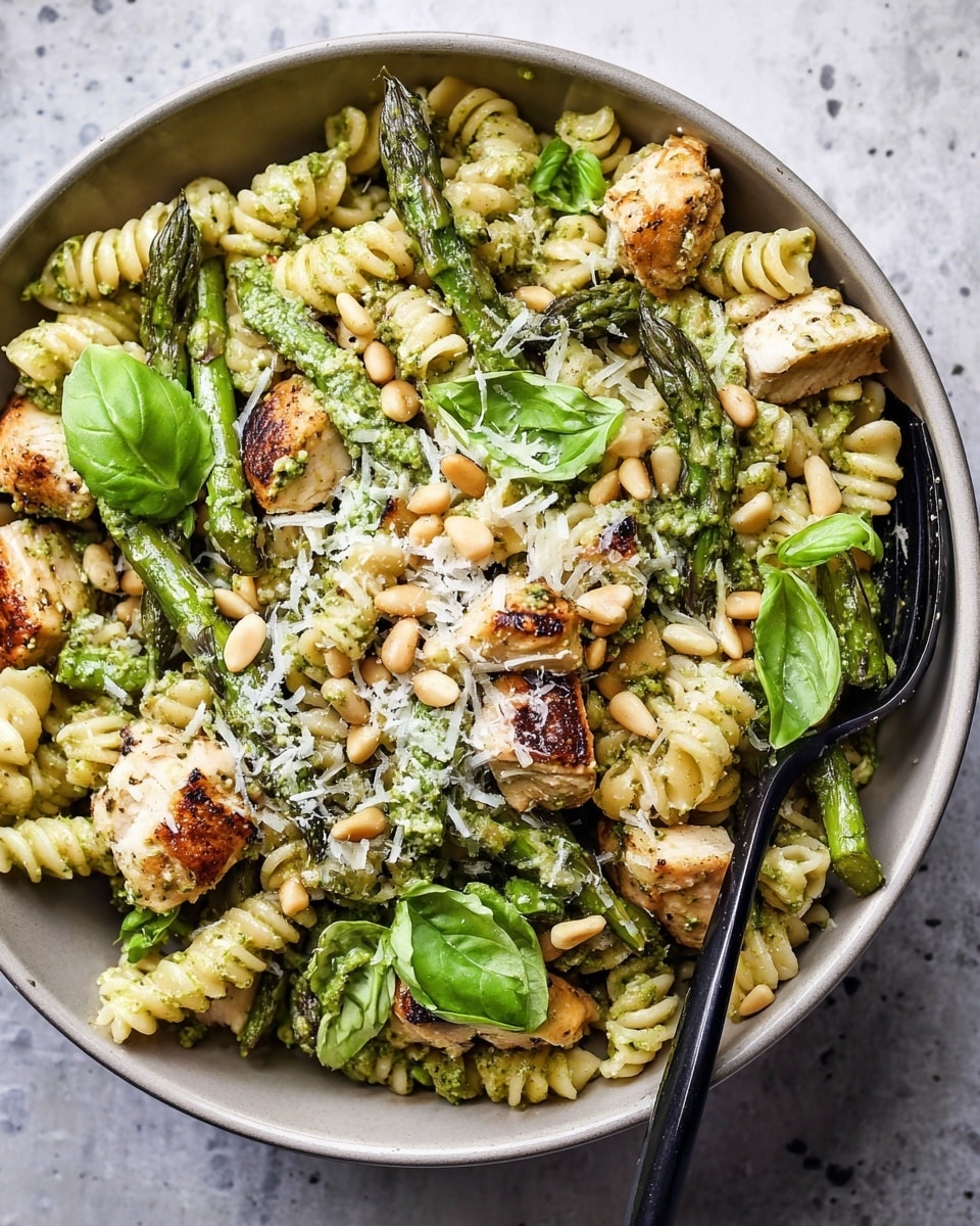 A black bowl filled with three layers of food sits on a white marbled surface. The bottom layer is spiral rotini pasta coated with a green pesto sauce. The middle layer has grilled chicken cubes with a brown char and pieces of green asparagus spears. The top layer is sprinkled with white shredded cheese, toasted light brown pine nuts, and fresh green basil leaves, some whole and some sliced thinly. In the background, there is a small bowl of pine nuts and a silver spoon with green pesto sauce. Photo taken with an iphone --ar 4:5 --v 7