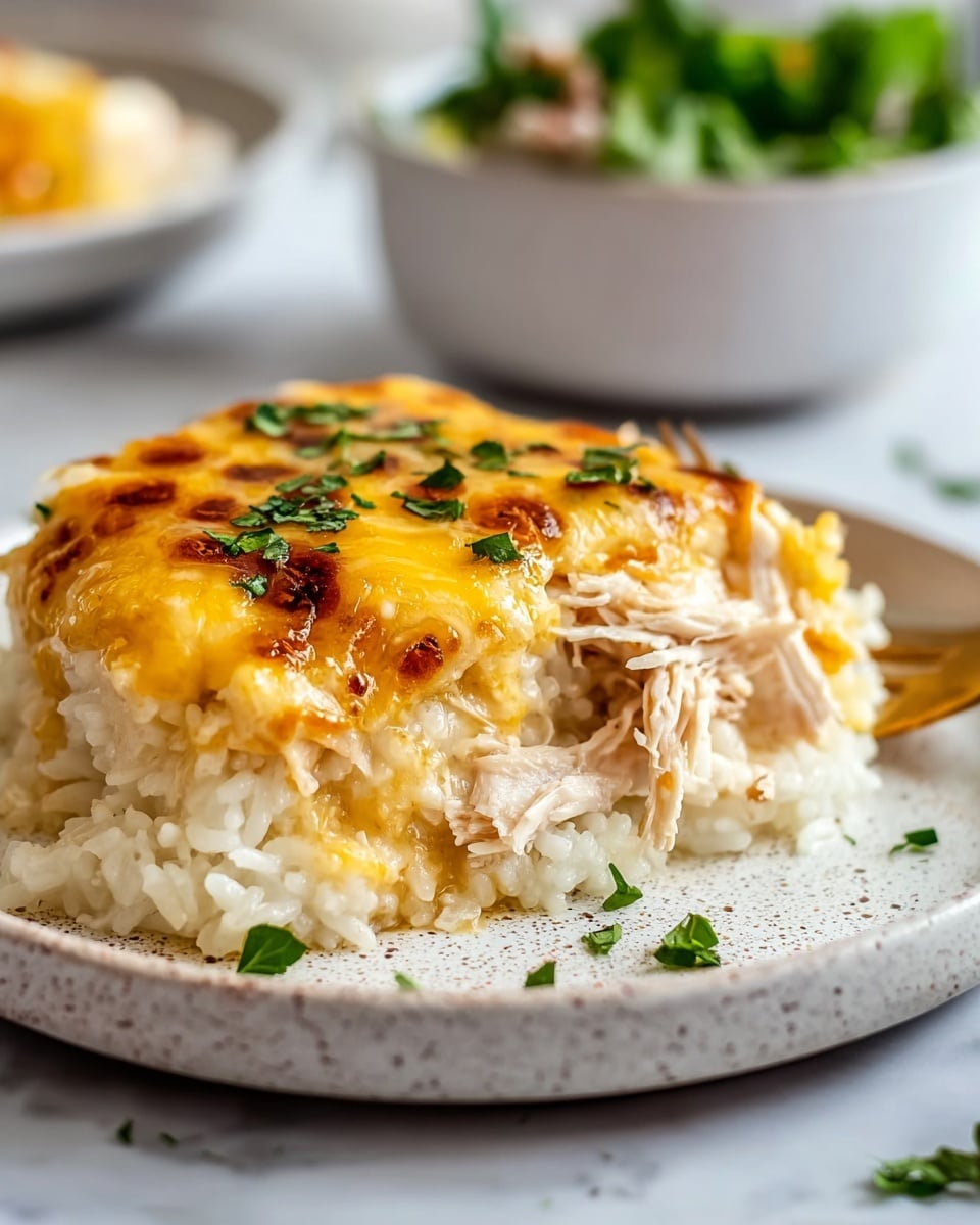 A white plate holds a thick, square piece of cheesy casserole with a creamy rice base. The bottom layer is soft and pale, made of rice, topped with shredded white chicken pieces blended into the rice. Above this, a golden-yellow layer of melted cheese forms a slightly browned, bubbly crust. Small bits of fresh green herbs are sprinkled on top and around the plate for a pop of color. The background is a white marbled surface, and blurred bowls of greens and sauce are seen in the back. Photo taken with an iphone --ar 4:5 --v 7