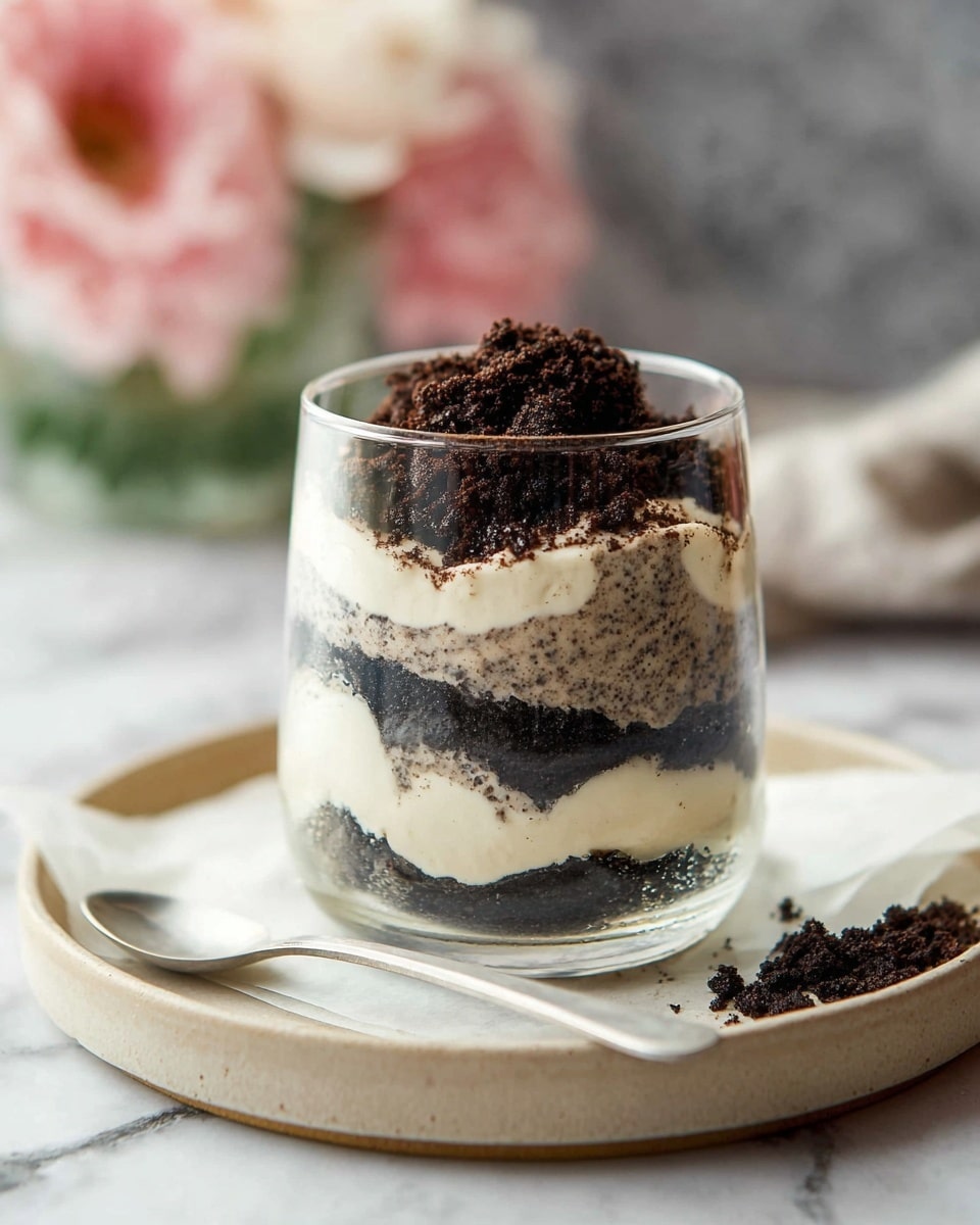 A clear glass holds a layered dessert with three visible layers starting from the bottom: a thick creamy white layer with dark specks, followed by a dark crumbly layer, and topped with another thick creamy white layer with dark specks, finally crowned by a mound of dark crumbly topping. The glass sits on white parchment paper on a light beige plate with a metallic spoon beside it on a white marbled surface. Soft pink and white blurred flowers form the background. Photo taken with an iphone --ar 4:5 --v 7