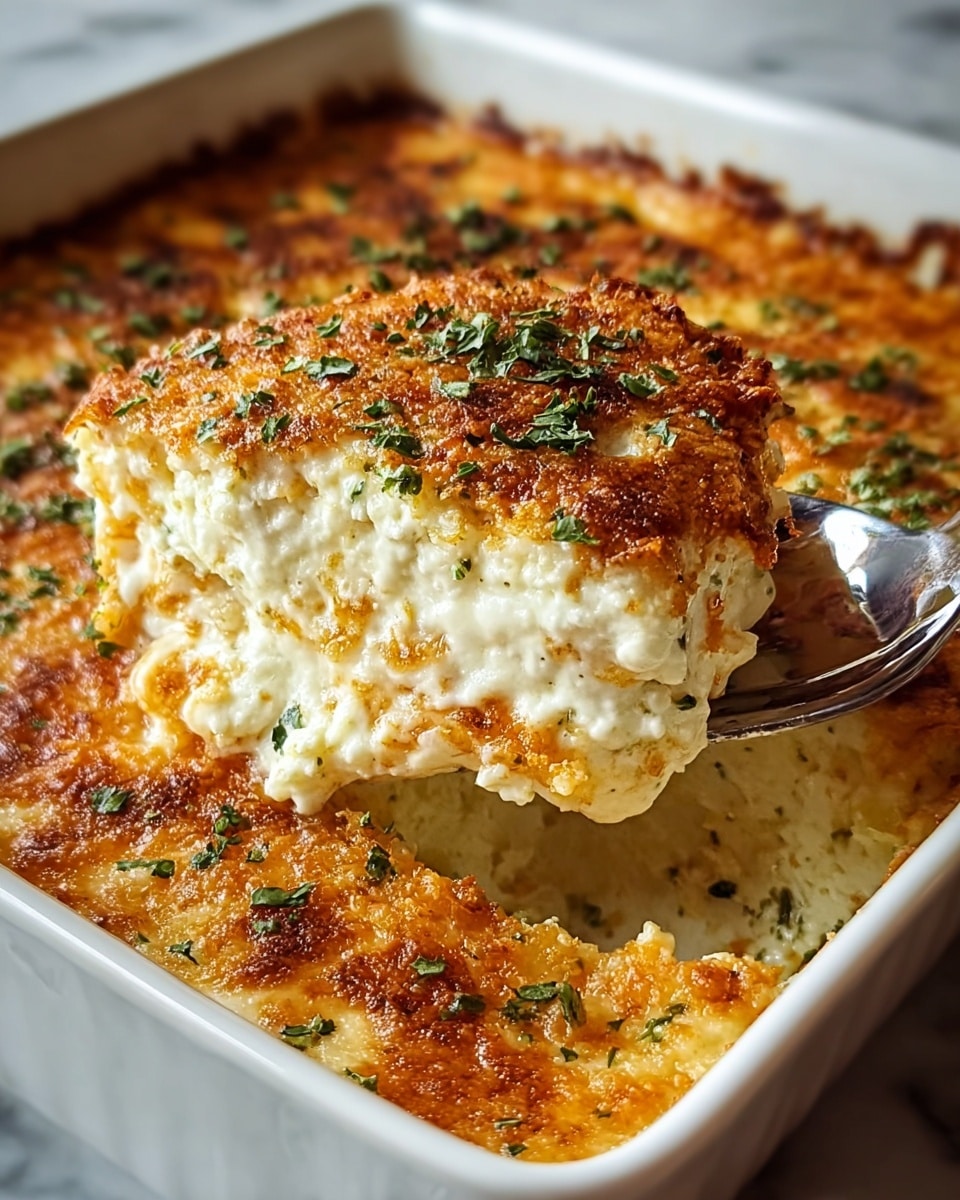 A close-up of a baked dish in a white square ceramic pan, showing a thick, golden-brown, crispy breadcrumb top layer sprinkled with small green herb pieces. Below the crunchy crust is a creamy, light beige, smooth and slightly chunky cheese layer. A silver spoon lifts a portion out, revealing the creamy inside with a bubbly, cheesy texture held under the browned crust, all placed on a white marbled surface. photo taken with an iphone --ar 4:5 --v 7