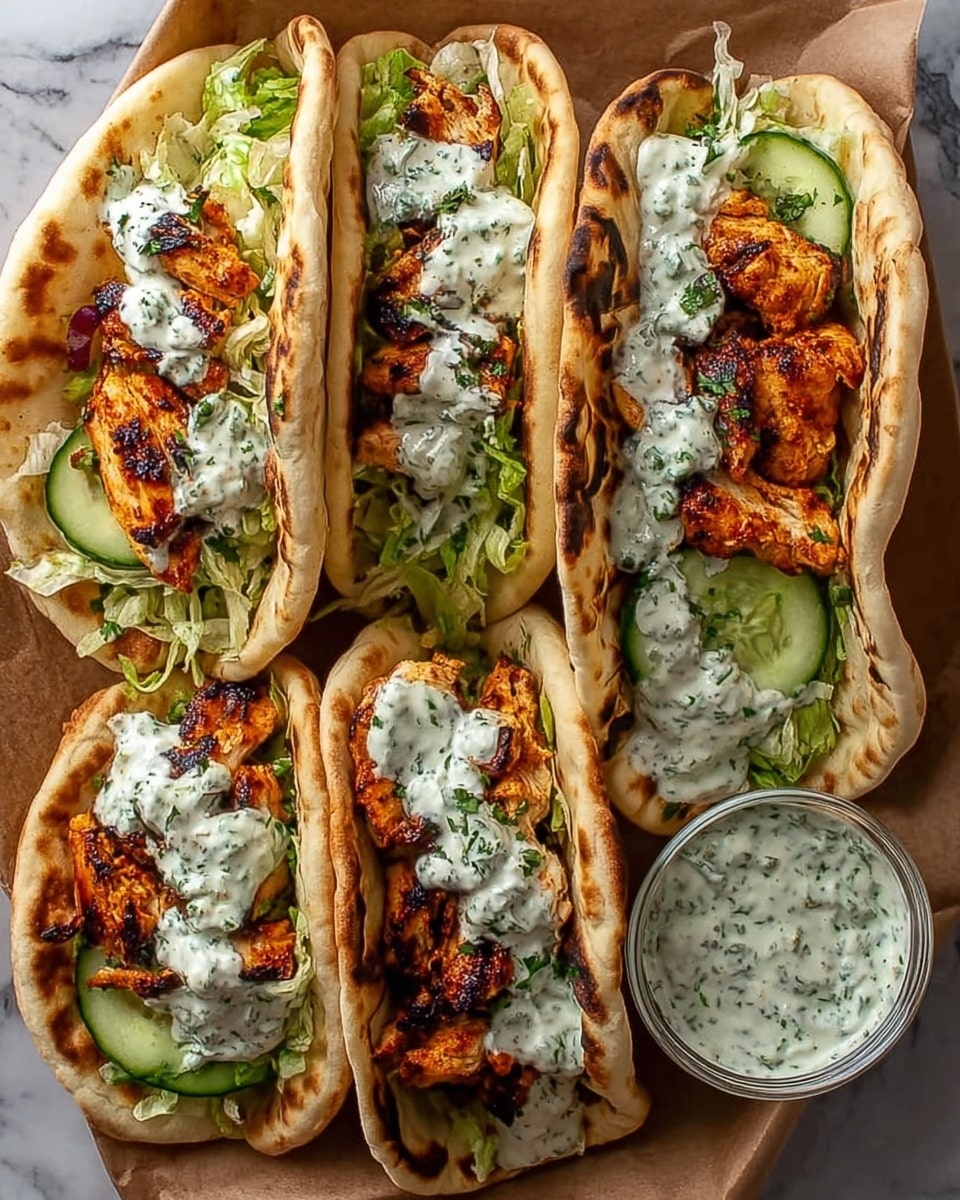 Four flat breads are laid out on a baking tray lined with brown parchment paper, each folded in half and filled with layers of ingredients. The base layer inside each flat bread is light green shredded lettuce mixed with pale purple onion slices, followed by thin slices of bright green cucumber. On top, there are pieces of grilled chicken with a golden brown and slightly charred crust, giving a crispy and juicy texture. The final layer is a generous drizzle of white creamy sauce speckled with green herbs, covering the chicken pieces. A small white bowl with extra sauce sits in the bottom left corner of the tray. The entire scene is set against a white marbled surface. photo taken with an iphone --ar 4:5 --v 7