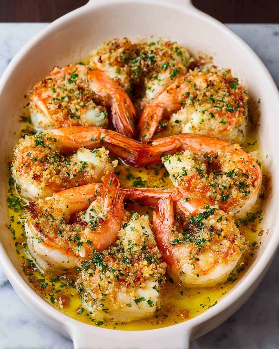 A white oval baking dish filled with large cooked shrimp arranged in a circle with tails up, showing a bright orange-pink color. The shrimp cover a layer of white fish fillets beneath, each topped with golden toasted breadcrumbs and green chopped herbs. The dish has a glossy, light yellow sauce pooled around the seafood, adding shine and moisture. The white marbled surface underneath highlights the warm tones of the shrimp and browned topping. photo taken with an iphone --ar 4:5 --v 7