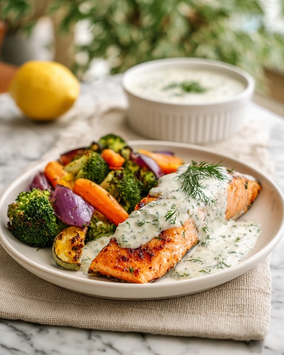 A white plate holds a meal with two main parts: on the right, a thick, cooked salmon fillet with a golden-orange crispy surface topped with a creamy white sauce sprinkled with fresh green dill. On the left side of the plate, there is a colorful mix of roasted vegetables including bright green broccoli florets, vibrant orange carrot slices, and reddish-purple onion pieces. The plate sits on a white marbled surface with a soft beige cloth next to it. In the background, there is a white bowl filled with a similar creamy sauce and a half lemon beside it, with green leaves slightly out of focus. Photo taken with an iphone --ar 4:5 --v 7