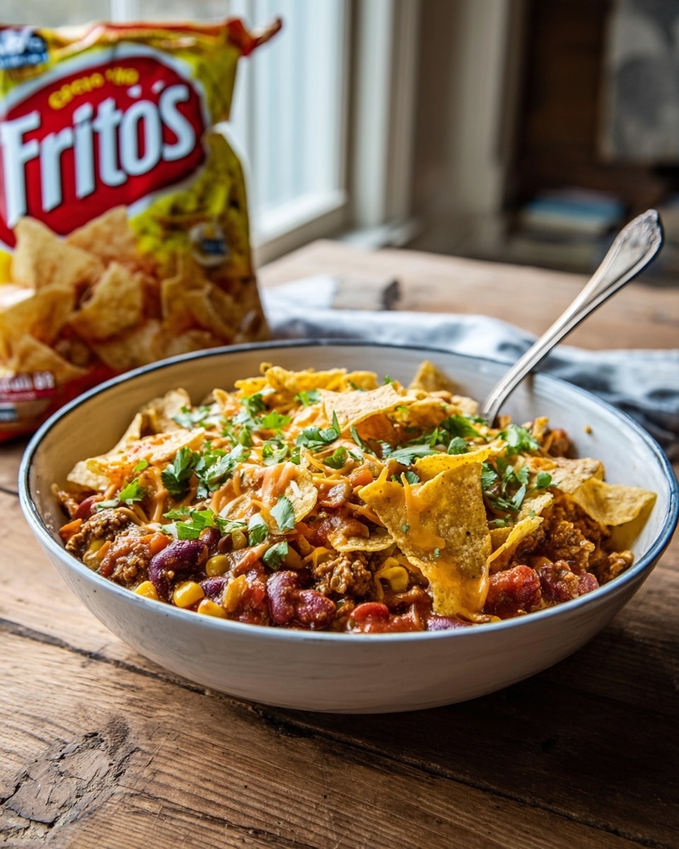 A deep white bowl filled with a layered chili dish starts with a base of thick red tomato chili with visible kidney beans and ground meat, topped with melted yellow cheese scattered across the surface. Over the cheese, there is a layer of crispy golden Fritos corn chips mixed with bright green chopped scallions and fresh cilantro leaves. A silver spoon rests inside the bowl on the right side. The bowl sits on a wooden table with a white marbled texture background, and a bag of Fritos chips leans behind the bowl on the right side. photo taken with an iphone --ar 4:5 --v 7