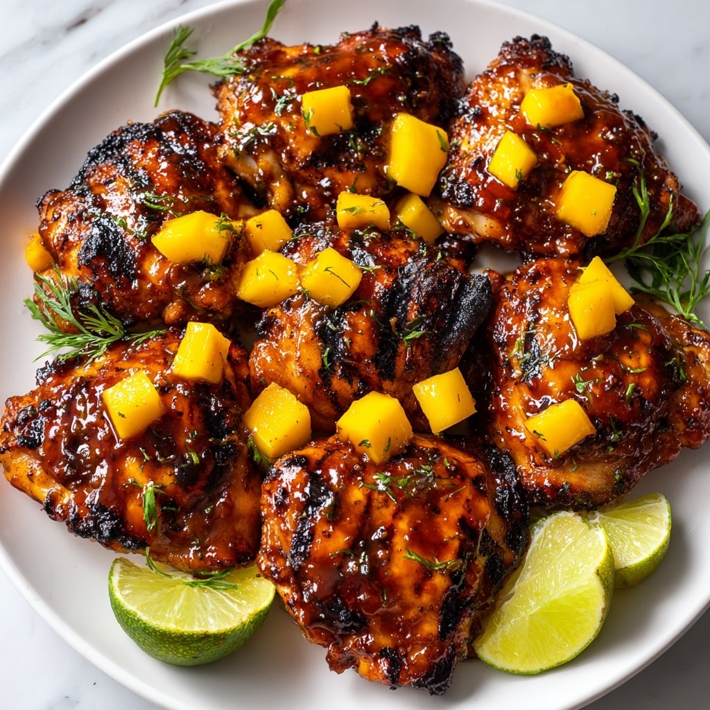 The image shows close-up grilled chicken pieces covered in a shiny mango glaze that gives a golden orange color with darker grill marks and slight char spots. Small bright yellow mango chunks are scattered on top, adding contrast to the glossy chicken. A wedge of lime rests on the side, adding a fresh green color, and some green herb leaves peek from the edges. The chicken pieces lie inside a white bowl, and the background has a white marbled texture. Photo taken with an iphone --ar 4:5 --v 7
