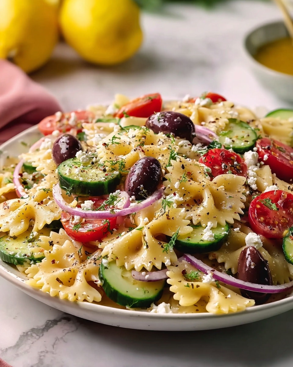 A close-up of a large white plate filled with a colorful Greek pasta salad. The bottom layer consists of creamy bowtie pasta that looks soft and slightly shiny. Mixed in are thick slices of bright green cucumber and halved red cherry tomatoes, adding fresh color. Thin slices of purple onion are scattered throughout, along with whole dark purple olives sitting on top. Small crumbly white cheese pieces are sprinkled across the salad, with a light dusting of dried herbs and black pepper. The plate rests on a white marbled surface with two yellow lemons and a bowl of dressing blurred softly in the background. photo taken with an iphone --ar 4:5 --v 7
