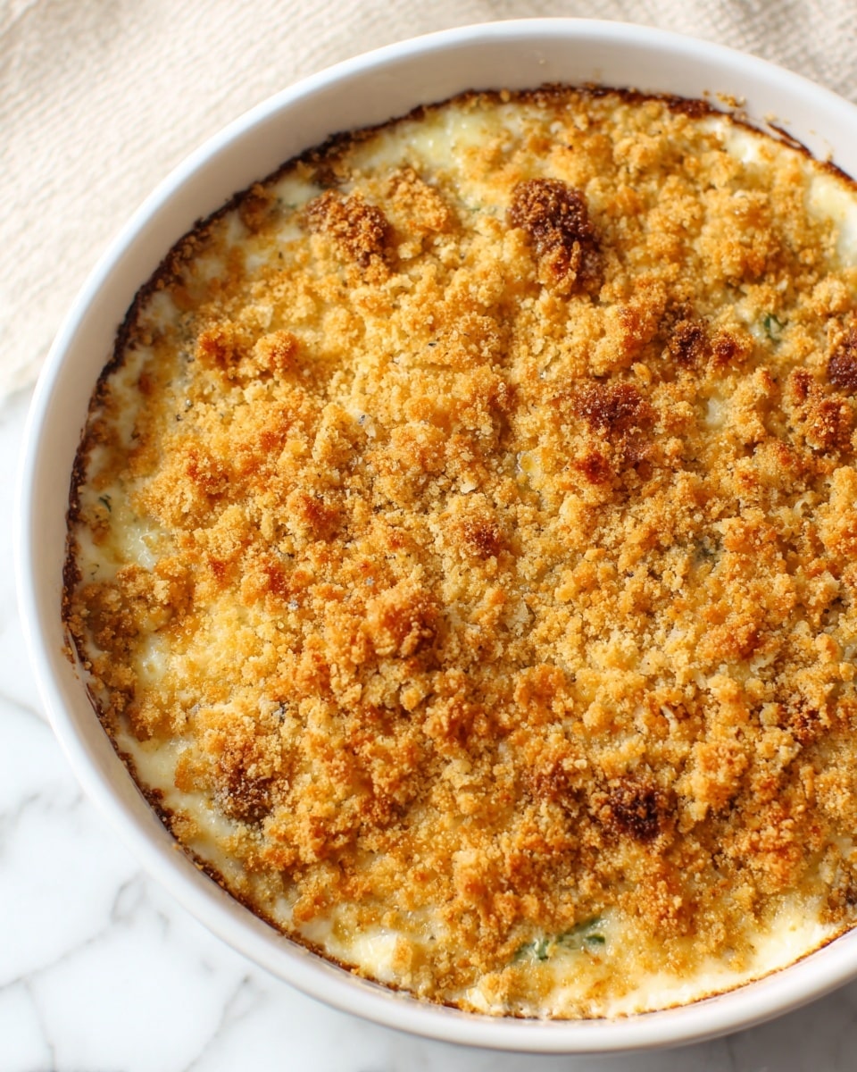 A white round dish holds a baked casserole topped with a thick, golden-brown crumb layer that looks crispy and unevenly browned. Under the crumb topping, a creamy, cheesy filling is visible with chunks of green vegetables mixed in, giving the inside a soft and smooth texture. A silver spoon lifts a portion from the dish, showing a creamy mix beneath the crunchy top. The dish rests on a white cloth napkin with light stripes on a white marbled surface. Photo taken with an iphone --ar 4:5 --v 7