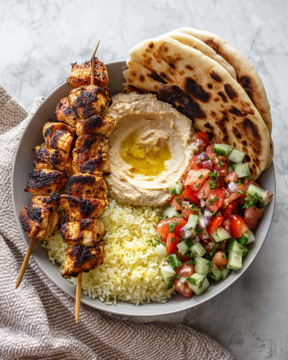 The image shows a white bowl filled with several colorful layers of food arranged neatly. At the bottom left, there is a heap of light yellow rice with a fluffy texture. Above the rice is a creamy, pale beige hummus with a small pool of golden olive oil in the center. To the right side of the bowl, there is a chopped salad made of red tomatoes, bright green cucumbers, and fresh herbs. On top of the salad and rice is a wooden skewer with grilled chicken pieces that are golden brown with charred edges. Behind the skewer, three pieces of flatbread, lightly charred with dark brown spots, are stacked leaning to the right. The bowl sits on a white marbled surface with a beige and white striped cloth partially under it. photo taken with an iphone --ar 4:5 --v 7