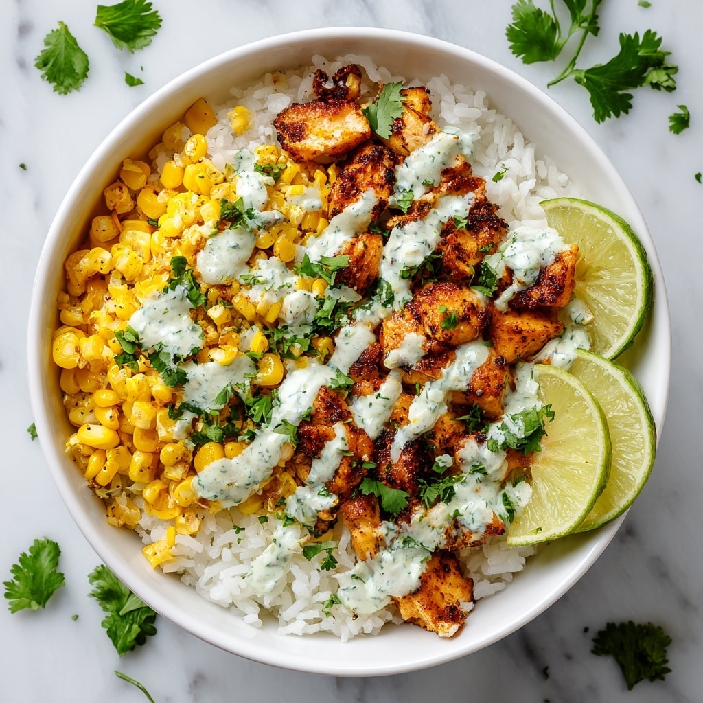 The image shows a white bowl filled with a street corn chicken rice bowl. The bottom layer is plain white rice with a soft texture, spread evenly. On top and to one side, there is a layer of yellow roasted corn kernels, slightly charred, creating a rough texture. Grilled chicken pieces, golden brown and slightly crispy, are scattered on top, mainly on the right side. A drizzle of creamy white sauce with green herbs is placed over the rice and chicken in the center. Fresh green cilantro leaves are sprinkled across the dish, adding a touch of brightness. On the top right edge inside the bowl, there are three lime wedges with a bright green-yellow color. The bowl sits against a white marbled surface with some scattered cilantro leaves and lime slices around. Photo taken with an iphone --ar 4:5 --v 7
