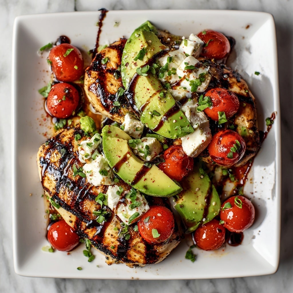 The image shows a grilled chicken breast with dark char marks on its golden brown surface, topped with small green herb pieces. On top of the chicken, there is a half avocado filled with soft white cheese, drizzled with thick dark balsamic glaze and sprinkled with chopped green herbs. Surrounding the chicken and avocado are bright red grilled cherry tomatoes with slight char marks and a glossy appearance. The dish is on a white plate placed on a white marbled surface. photo taken with an iphone --ar 4:5 --v 7