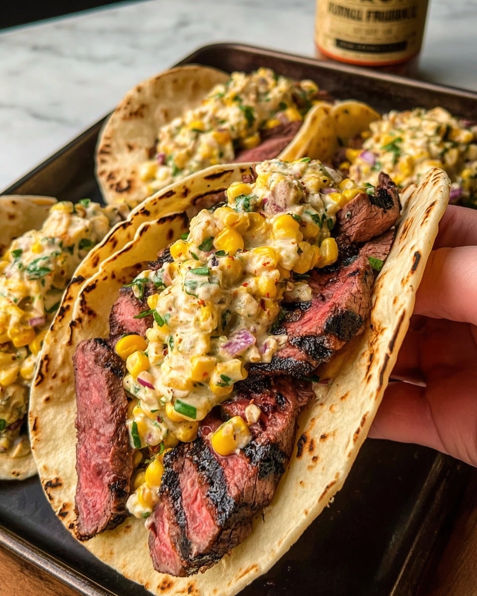 A close-up image showing woman's hand holding a taco with three clear layers: the bottom layer is a soft golden tortilla, the middle layer features thick slices of grilled, medium-rare steak with a toasted, slightly charred exterior, and the top layer is a chunky corn salad with creamy dressing, visible bits of herbs, red onions, and green peppers. Two more similar tacos rest on a black tray with an orange rim in the background, alongside a bottle of Dan-O's Preem-O seasoning. The whole scene is set against a white marbled textured surface. photo taken with an iphone --ar 4:5 --v 7
