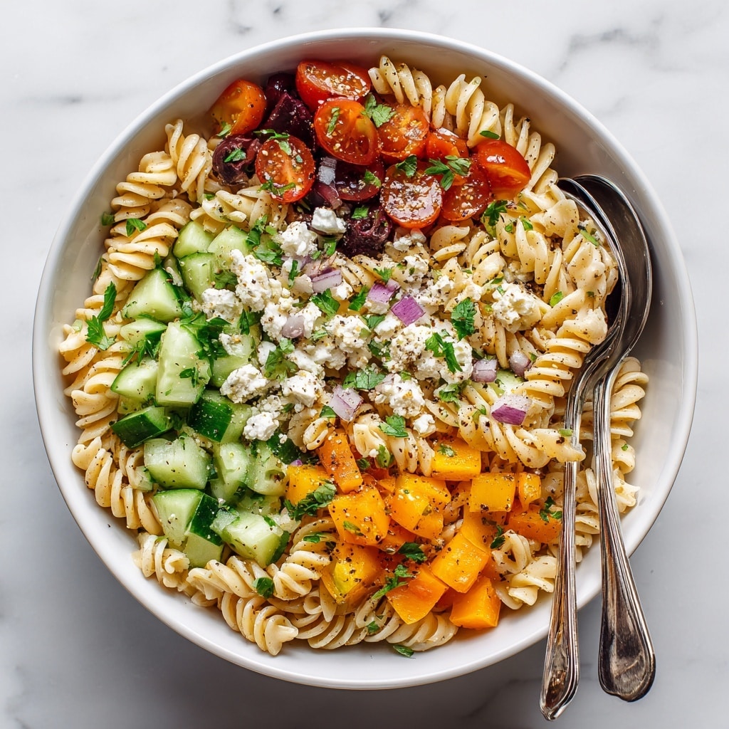 A round white bowl filled with a colorful pasta salad on a white marbled surface. The salad has three main layers: the bottom layer is light yellow spiral rotini pasta, the middle layer includes green cucumber slices and red cherry tomato halves, and the top layer has small orange bell pepper chunks, black olive slices, crumbled white feta cheese, finely chopped red onions, and green parsley leaves sprinkled for garnish. The salad is nicely mixed and looks fresh. At the bottom left of the image, there are two shiny metal spoons resting on the surface with some green parsley sprigs nearby. Photo taken with an iphone --ar 4:5 --v 7