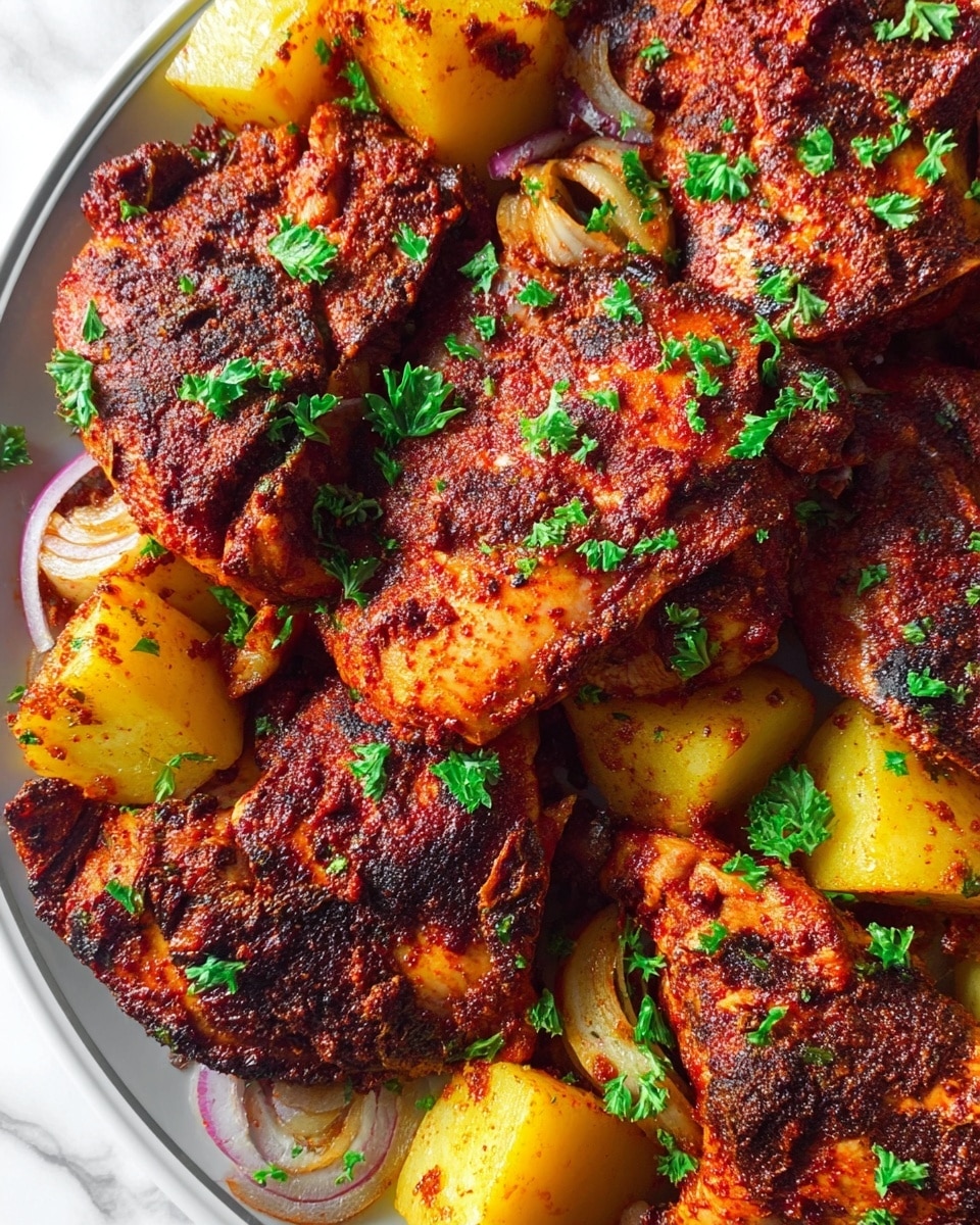 The dish shows three large grilled chicken thighs with a deep reddish-brown spicy coating, sprinkled with fresh green parsley on top. Around and under the chicken pieces, there are thick, golden-yellow roasted potato chunks that look crispy and soft inside. Thinly sliced purple onions with a fresh, smooth texture are scattered on the chicken and potatoes. The food is served on a round white plate with a textured rim, placed on a white marbled surface. The overall look is warm, vibrant, and fresh with a mix of soft and crunchy textures. photo taken with an iphone --ar 4:5 --v 7