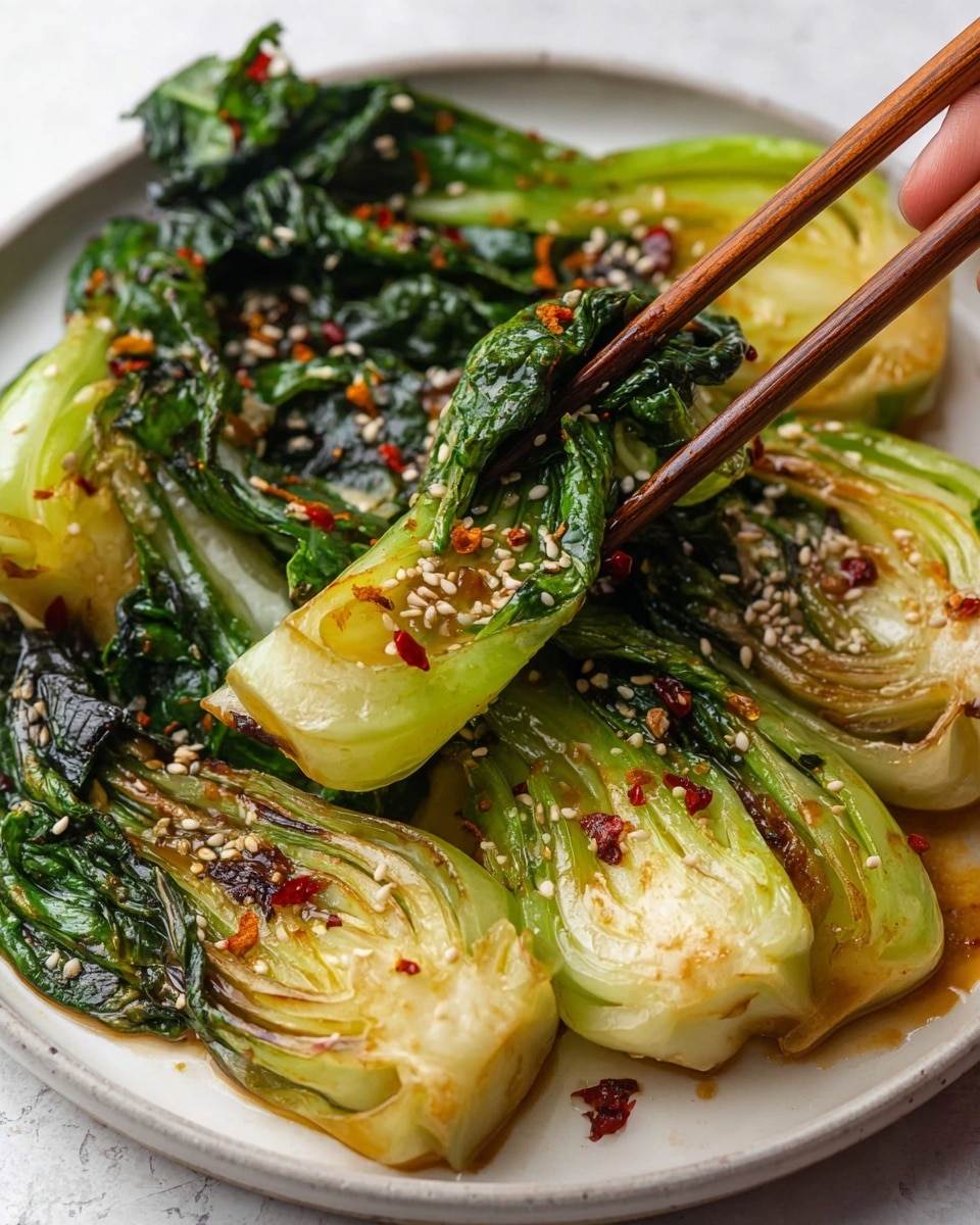 A close-up of cooked bok choy cut into halves, shown in one layer around a white plate placed on a white marbled surface. Each piece has crisped edges with a shiny, glazed light green and golden color, while the leafy green tops are slightly charred and wilted. The dish is sprinkled with small white sesame seeds and tiny red chili flakes. A pair of wooden chopsticks held by a woman's hand is picking up one piece from the front right side. Photo taken with an iphone --ar 4:5 --v 7
