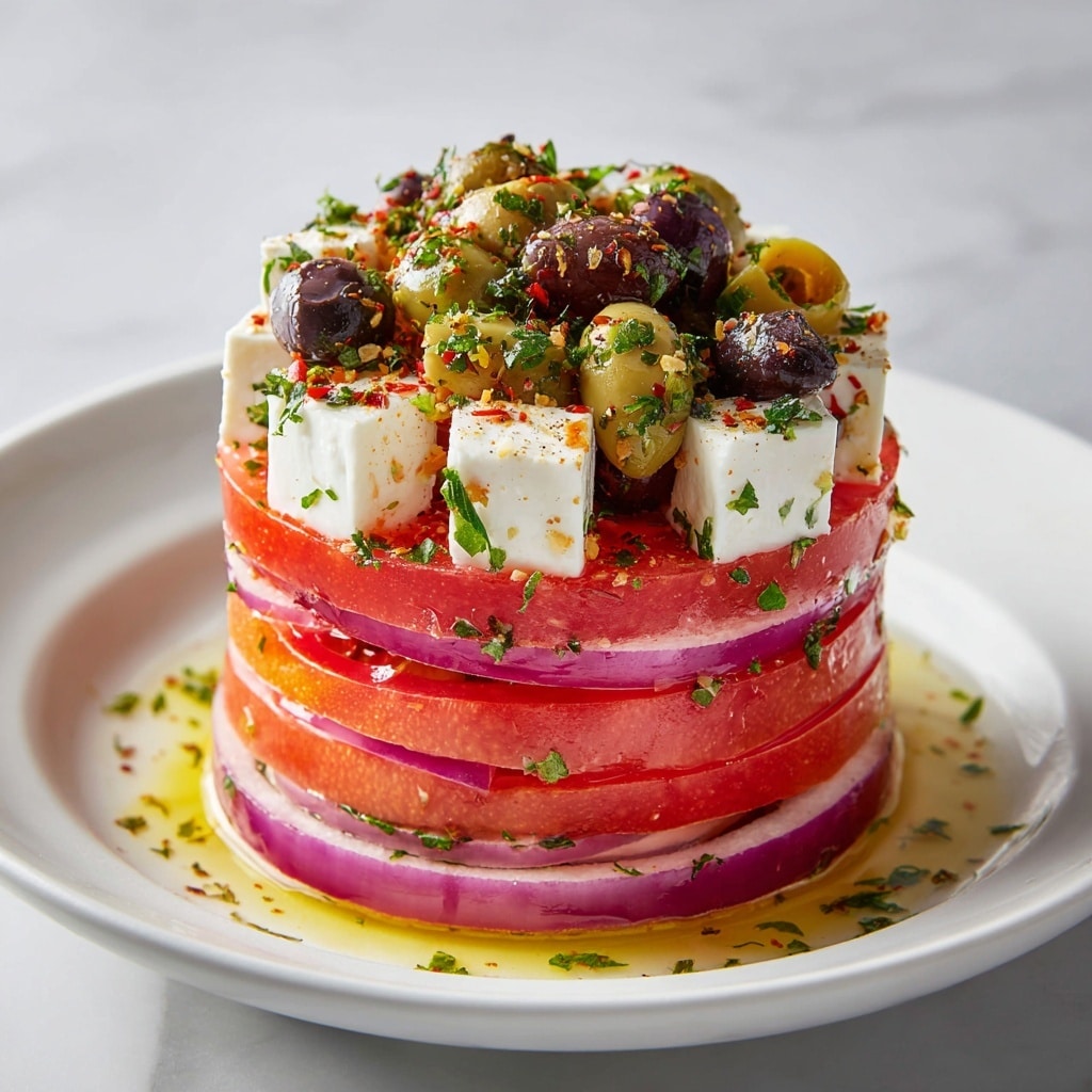 A tall stack of layered salad sits on a white plate over a white marbled surface. The bottom layer is made of thin, round slices of red onion with a smooth texture. Above it rests a thick layer of bright red tomato slices, juicy and fresh. Next is a layer of white feta cheese cubes, firm and creamy, topped with mixed green and black olives, shiny and smooth. This pattern repeats upwards, ending with a final top layer of feta cubes, olives, and a sprinkle of chopped green herbs and red spices. The whole stack is drizzled with golden olive oil that pools slightly on the plate. photo taken with an iphone --ar 4:5 --v 7