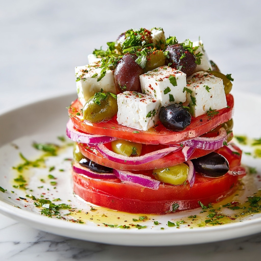 A tall, layered stack of salad sits on a white plate against a white marbled surface. The dish has four main visible layers: the base and middle layers are made of thick, red tomato slices, each layer separated by thin, purple onion rings and whole green and black olives. Between these layers, chunky white cubes of feta cheese are evenly placed, topped with finely chopped green herbs and a drizzle of golden olive oil. The top layer is a mix of feta cubes, olives, and a sprinkle of red seasoning along with herbs, creating a colorful and fresh look. The salad is surrounded by extra olive oil and finely chopped greens on the plate edges. photo taken with an iphone --ar 4:5 --v 7
