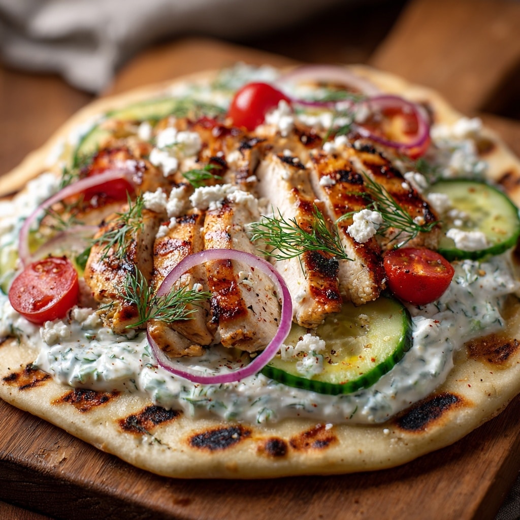 The image shows a grilled flatbread layered with creamy white sauce speckled with green herbs, spread evenly on the base. On top are slices of charred, golden-brown grilled chicken arranged in the center, surrounded by thin, round cucumber slices with dill accents placed near the edges. Cherry tomato halves, bright red and juicy, are scattered over the chicken, mixed with small crumbles of white feta cheese. Thin, light purple rings of red onion sit on top, crowned by fresh green dill sprigs. The flatbread sits on a wooden board with a blurred background. photo taken with an iphone --ar 4:5 --v 7