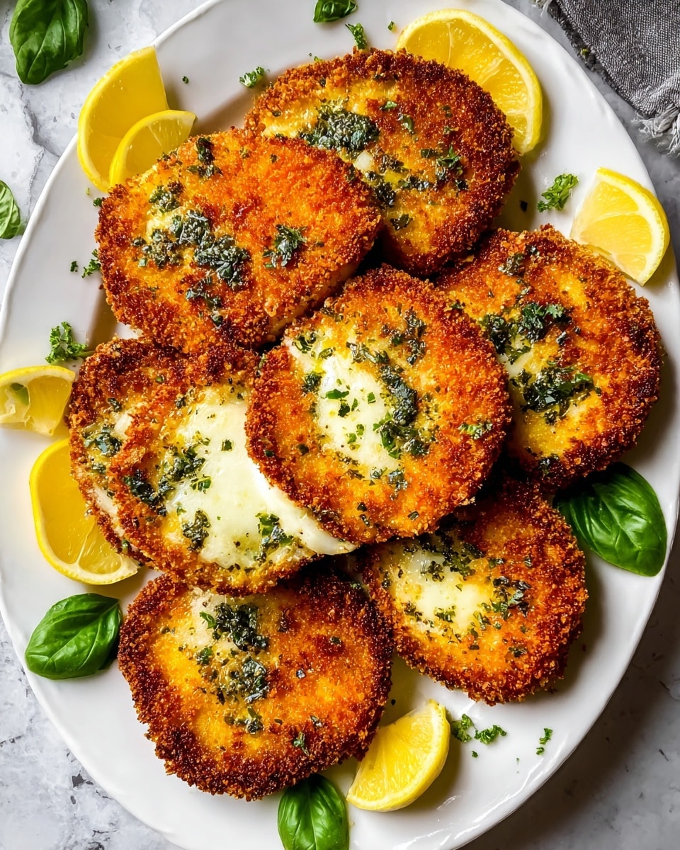 The image shows a white oval plate filled with seven golden-brown breaded patties with melted cheese in the middle of each. The patties have a crispy texture with irregular edges and are sprinkled with finely chopped green herbs. Bright yellow lemon wedges are placed around the edges of the plate along with a few fresh green leafy herbs, adding color contrast. The plate rests on a white marbled surface with a dark cloth partially visible on the right side. The overall look is appetizing with warm, rich colors and a fresh touch of green and yellow. photo taken with an iphone --ar 4:5 --v 7