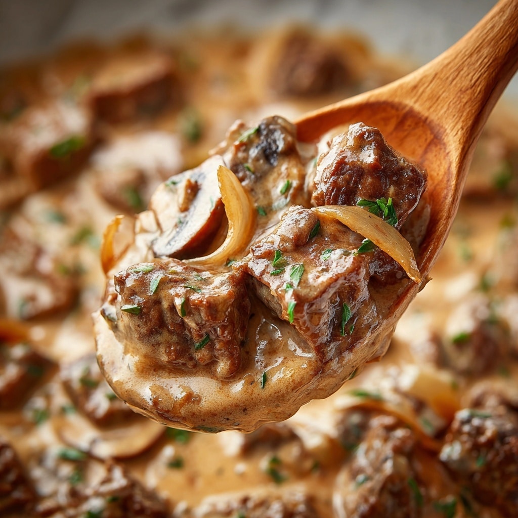 A white bowl holds a rich beef stew with thick dark brown sauce, large chunks of beef, sliced mushrooms, translucent cooked onions, and green Brussels sprouts, all sprinkled with fresh green parsley. On one side of the bowl is a creamy white mashed potato layer with soft, smooth texture. A gold spoon rests partially in the stew with a piece of meat and sauce on it. The bowl is set on a white marbled surface with a dark blue cloth nearby. photo taken with an iphone --ar 4:5 --v 7