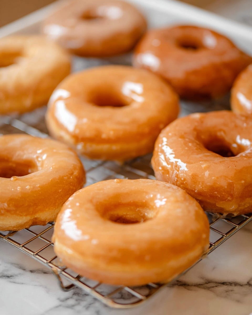 The image shows six glazed doughnuts placed on a metal cooling rack. Each doughnut is round, with a smooth, shiny glaze coating their golden-brown surface, giving them a slightly sticky and glossy texture. The doughnuts vary gently in shade from light golden to a deeper caramel, creating a warm, inviting look. The cooling rack and doughnuts rest on a white marbled surface, adding a subtle texture to the background. The focus is soft around the edges, with the doughnuts in the center being crisp and detailed, highlighting the glaze catching the light. photo taken with an iphone --ar 4:5 --v 7