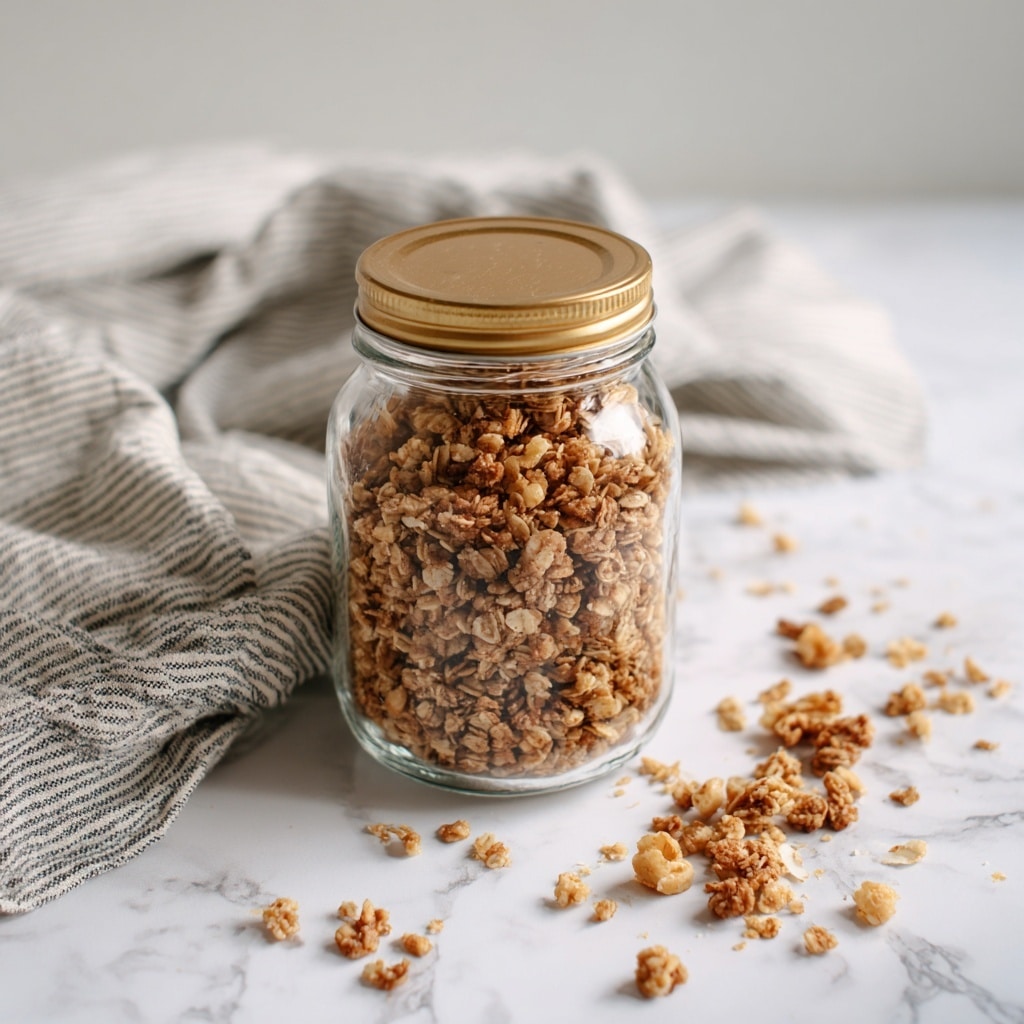 A clear glass jar filled with crunchy granola, showing a mix of light brown oat clusters and darker pieces, with a golden metal screw-on lid on top, placed on a white marbled surface. Some small bits of granola are scattered around the jar, and in the background, a striped cloth with light and dark grey lines is casually folded. The overall scene looks simple and clean. photo taken with an iphone --ar 4:5 --v 7