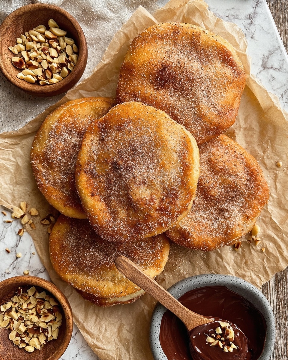 The image shows five round, golden-brown fried dough pieces stacked on top of each other on a piece of parchment paper over a white marbled texture. Each dough piece is sprinkled with a light layer of cinnamon sugar, giving them a slightly grainy texture and a warm, sweet look. To the left, there is a small wooden bowl filled with chopped nuts, adding a mix of beige and brown tones. At the bottom right, there is a gray bowl filled with glossy, dark chocolate sauce with a wooden spoon resting on top; the spoon holds a few chopped nuts as well. The overall setting is rustic with a close-up view highlighting the textures and colors clearly. Photo taken with an iphone --ar 4:5 --v 7