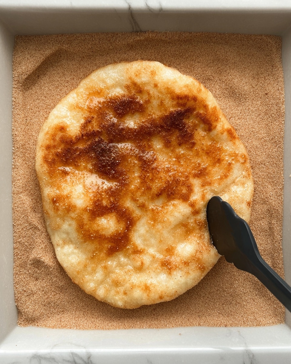 The image shows a single round piece of fried dough with a golden brown color, featuring some darker brown spots and a shiny, slightly oily surface. The dough appears thick and puffed up unevenly in some areas, giving it a textured look. It lies flat on a layer of light brown sugar or cinnamon sugar inside a rectangular white baking pan with a white marbled texture underneath. A black kitchen tong is holding the dough from the right side. photo taken with an iphone --ar 4:5 --v 7