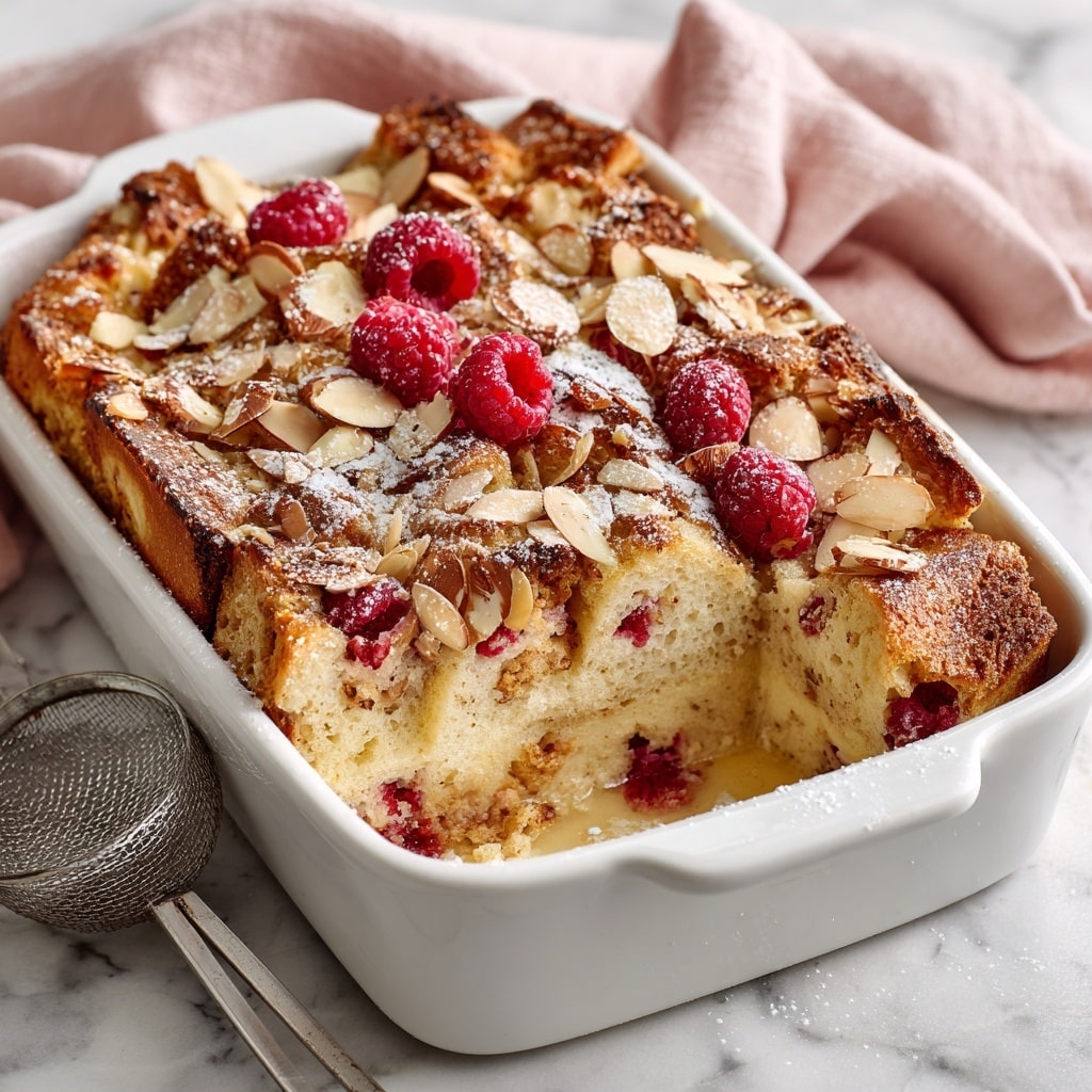 A white dish holds a baked dessert with three main visible layers: the bottom layer is thick and light golden, looking soft and moist; the middle layer has scattered fresh red raspberries peeking through; the top layer is browned and slightly crisp with sliced almonds and a dusting of powdered sugar, giving a textured look with a mix of golden brown and light white. One corner is scooped out showing the inside layers clearly. The dish sits on a white marbled surface with a light pink cloth draped behind it, and a silver sieve with powdered sugar is nearby. photo taken with an iphone --ar 4:5 --v 7