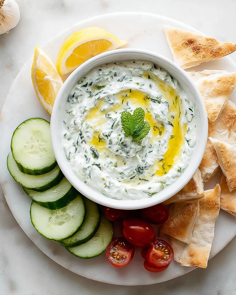 A white bowl sits in the center of a white white marbled circular plate, filled with a creamy, textured white yogurt dip mixed with small bits of green herbs, swirled with golden yellow olive oil on top, and garnished with a fresh mint leaf in the middle. Around the bowl on the plate, there are several thin slices of green cucumber, three peeled garlic cloves, a small group of red grape tomatoes with one cut in half showing its juicy inside, a lemon wedge with bright yellow skin and juicy pulp, and a pile of light golden toasted pita chips with a slightly rough texture. The whole scene is on a clean white marbled surface. photo taken with an iphone --ar 4:5 --v 7