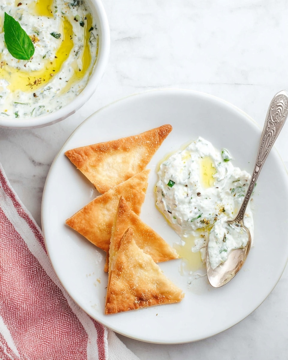 The image shows a white plate with three golden brown triangular chips arranged in a fan shape on the left side. To the right of the chips is a dollop of creamy white dip mixed with small bits of green herbs, resting partly on a silver spoon with a decorative handle that lies on the plate. Above the plate, part of a white bowl is visible, containing more of the same creamy dip drizzled with olive oil and garnished with a green leaf. The background is a white marbled surface with a faint striped cloth in soft red tones on the bottom left side. Photo taken with an iphone --ar 4:5 --v 7