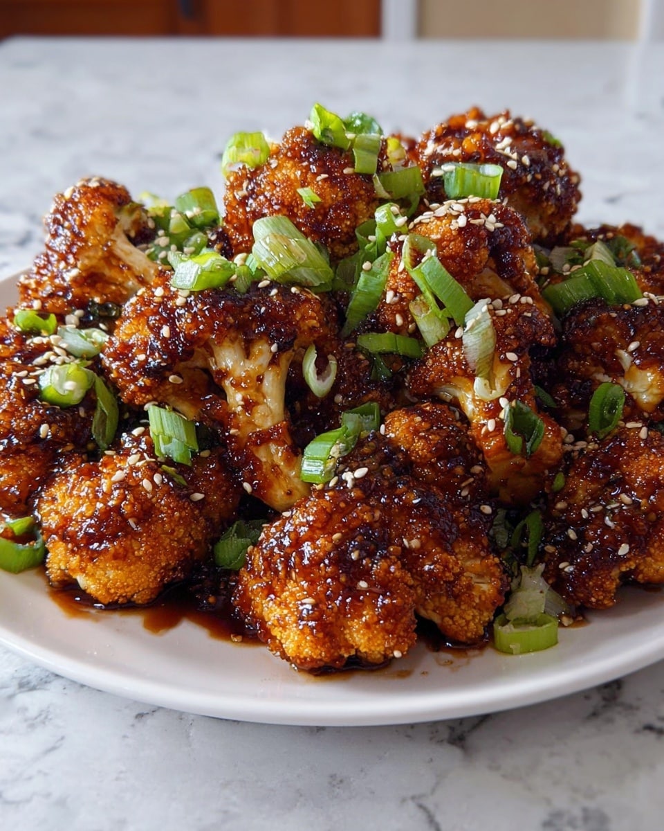 This image shows a white plate filled with multiple pieces of roasted cauliflower, each piece coated in a shiny, dark brown sauce that gives a caramelized look. The cauliflower florets have a slightly crispy texture with some darker charred spots visible. On top, bright green sliced scallions are scattered evenly, along with small white sesame seeds sprinkled throughout, adding color and contrast. The plate rests on a white marbled textured surface. photo taken with an iphone --ar 4:5 --v 7
