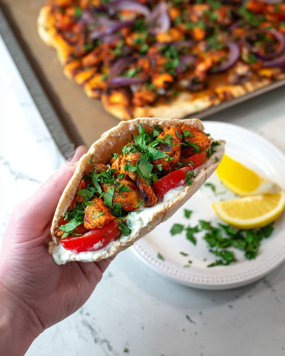 A large baking tray filled with roasted chicken pieces layered evenly across the entire base, each piece rich orange-red with charred edges and sprinkled with fresh green parsley. Interspersed among the chicken chunks are soft, caramelized purple onion slices. The tray is surrounded by three lemon wedges placed at the corners. Behind the tray, a white plate holds fresh vegetable slices arranged in separate sections: bright red tomato wedges, light green cucumber rounds, and thin pinkish-purple onion slices. Beside the plate, a small clear glass bowl contains two lemon wedges. The whole scene is set on a white marbled surface. photo taken with an iphone --ar 4:5 --v 7
