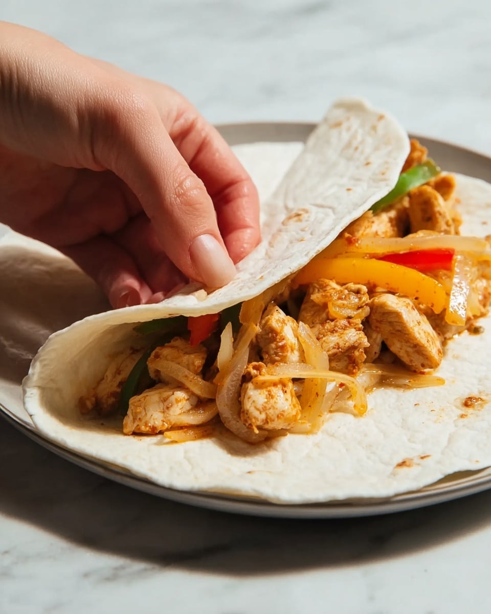 A white tortilla wrap is folded over a filling of cooked chicken pieces, which are light brown with spices visible. Mixed in are thin slices of cooked onions and small strips of bell peppers in yellow, green, and red colors, adding brightness to the wrap's center. A woman's hand is holding the wrap at the top right, gently pinching it closed. The wrap sits partly on another white tortilla, all placed on a white plate over a white marbled surface. The lighting emphasizes the soft texture of the tortilla and the tender, juicy look of the filling. photo taken with an iphone --ar 4:5 --v 7