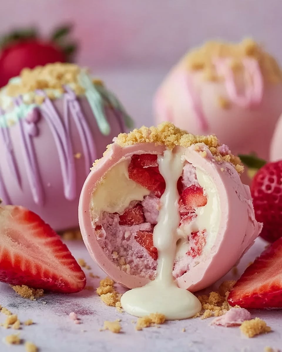 The image shows a close-up of three round dessert balls, cracked open to reveal their fillings. The outer shell is smooth and pastel pink, with a thin layer of crushed crumbs at the base. Inside, the first ball has a creamy white filling mixed with bright red strawberry pieces visible on top, with a gooey white sauce dripping out. The second ball shows a pink cream center with chunks of strawberries embedded in it, surrounded by the crumb layer at the bottom. The third ball in the background has a pastel purple drizzle on its light pink shell and is slightly blurred. The balls rest on a soft pink surface with scattered crumbs and fresh strawberries around them, all placed on a white marbled texture. Photo taken with an iphone --ar 4:5 --v 7